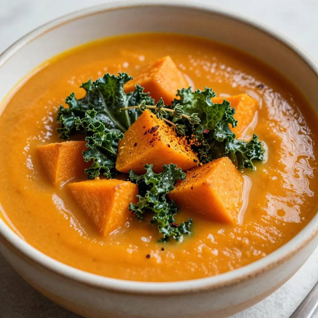 warm sweet potato and kale soup with garlic and herb seasoning