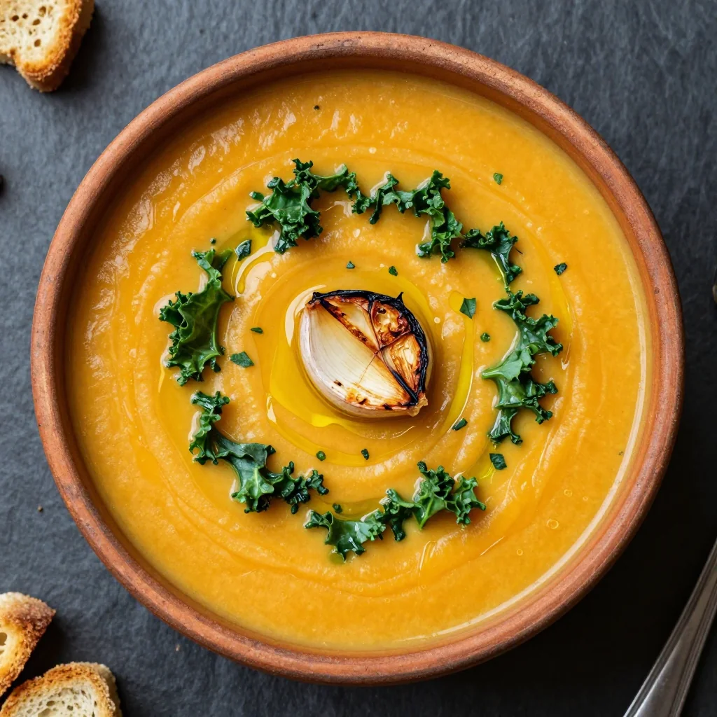 warm sweet potato and kale soup with garlic and herb seasoning