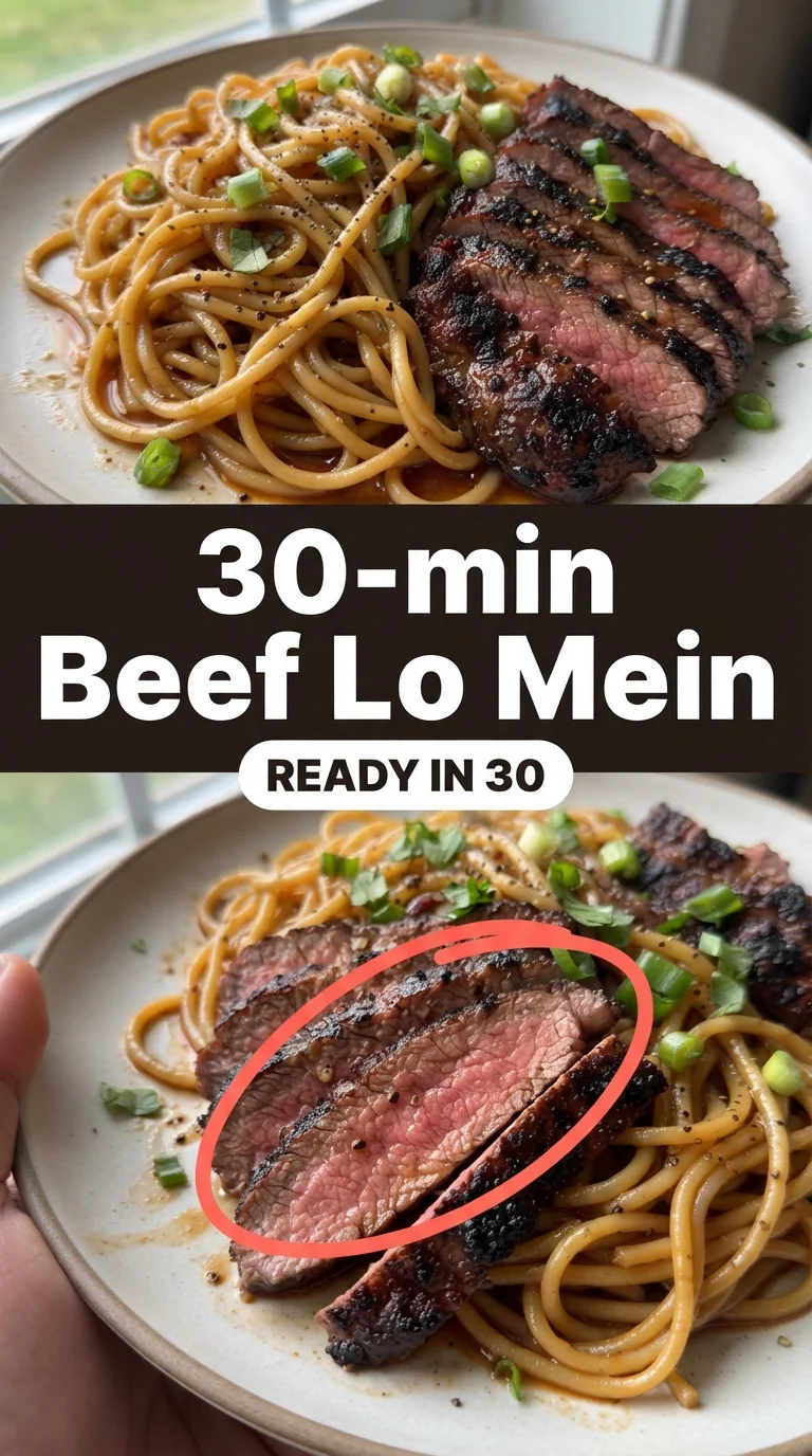 Thinly sliced beef, bell peppers and snow peas tossed with lo mein noodles in a buttery garlic sauce, topped with parsle