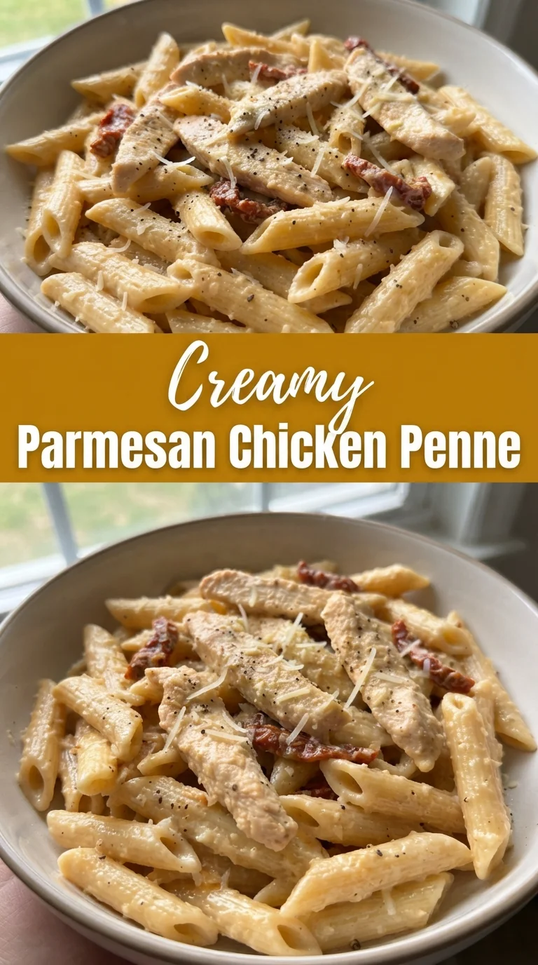 One‑pan dinner of chicken strips, penne pasta, creamy Parmesan sauce, spinach, and sun‑dried tomatoes.