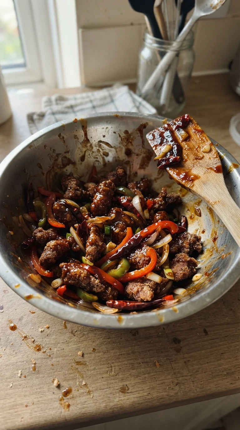 Step-by-step cooking of Crispy Chilli Beef Stir‑Fry