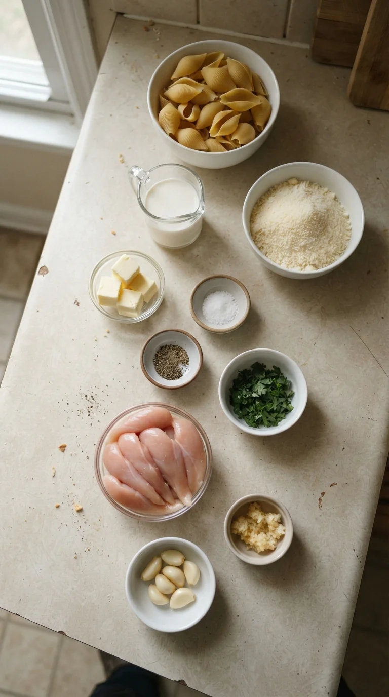 Ingredients for Garlic Butter Chicken Alfredo Stuffed Shells
