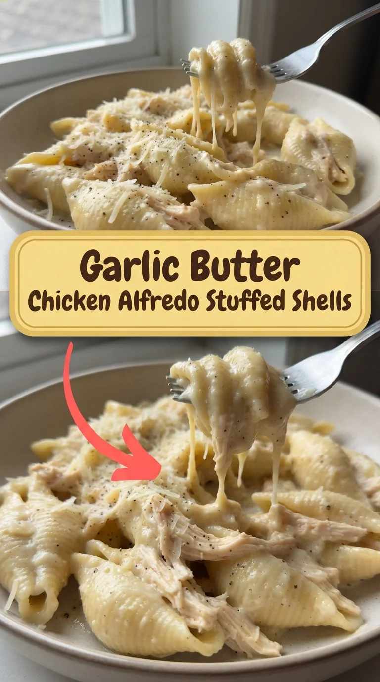 Baked jumbo pasta shells filled with chicken alfredo, topped with melted mozzarella and fresh parsley on a white plate