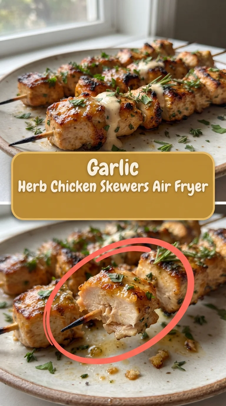 Air‑fried chicken and vegetable skewers on a wooden stick, golden brown with charred edges, displayed on a plate with sl