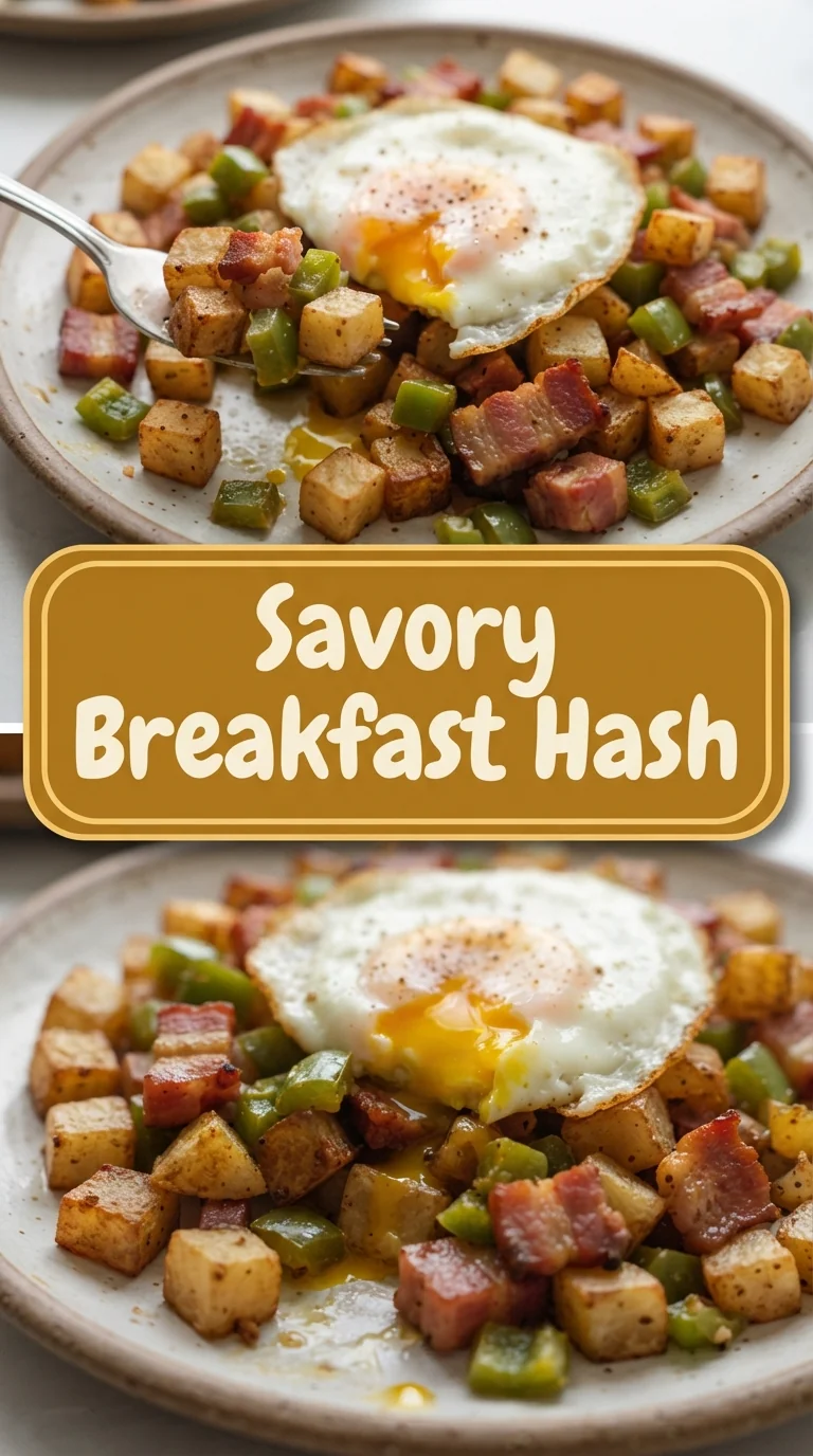 Crispy diced potatoes with smoky bacon, peppers, and eggs topped on a skillet.