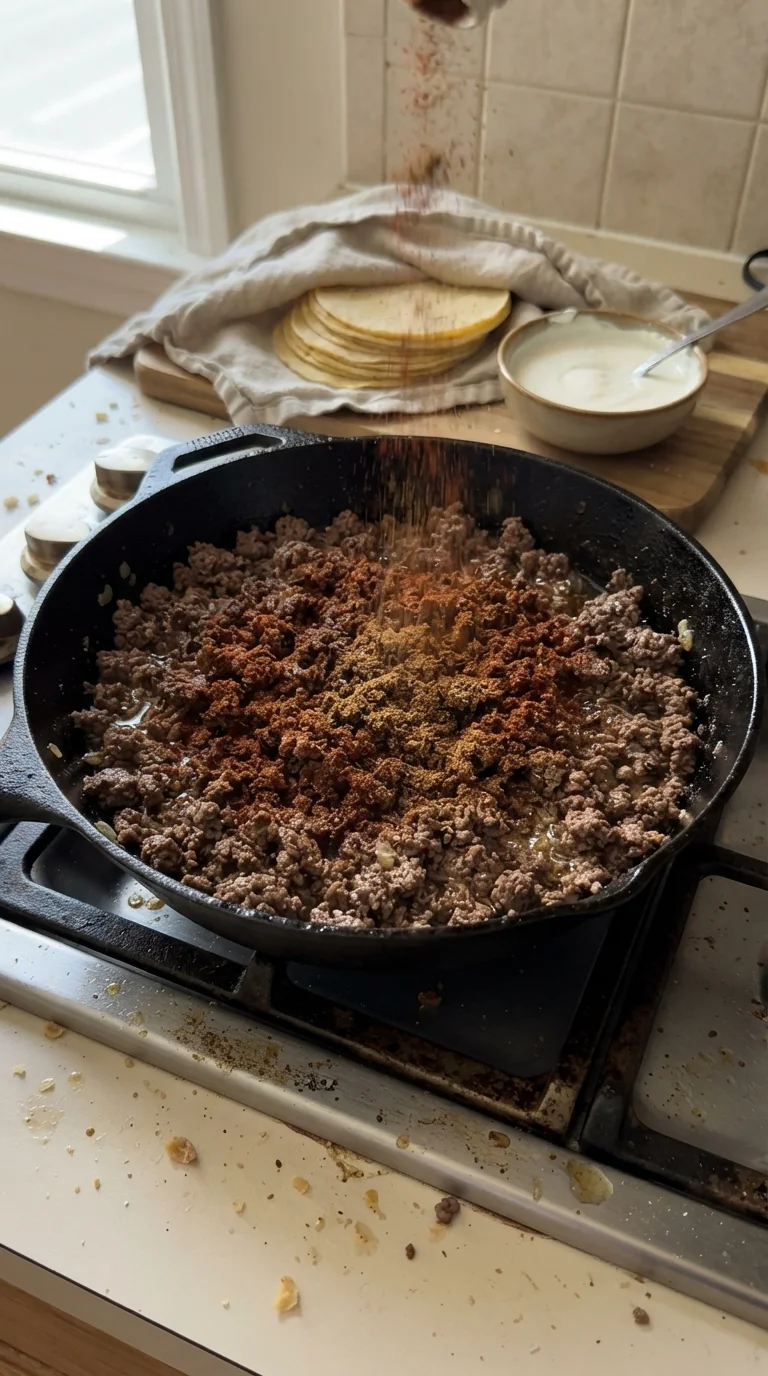 Step-by-step cooking of Spicy Beef Tacos with Lime Crema