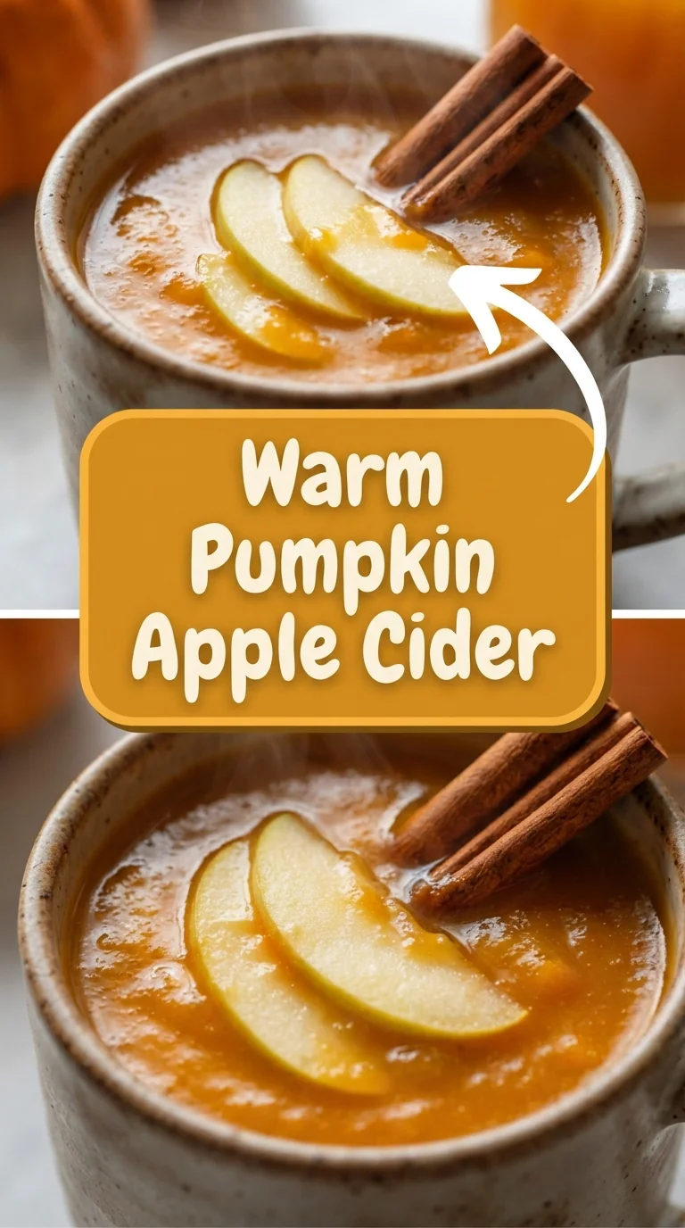 Steaming mug of warm pumpkin apple cider garnished with a cinnamon stick