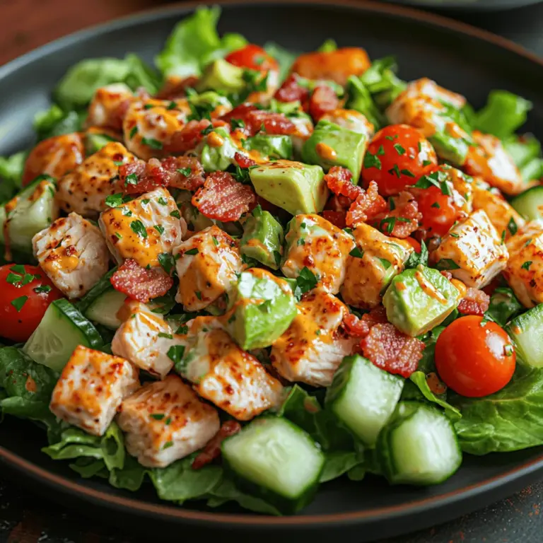 The Crispy BLT Chicken Salad is a delightful twist on the classic BLT sandwich, transforming it into a light yet satisfying meal that bursts with flavor and freshness. This recipe brilliantly combines the iconic tastes of bacon, lettuce, and tomato with the protein-packed goodness of chicken, making it an ideal choice for those seeking a balanced dish. With the added crunch of fresh vegetables and a creamy dressing, this salad is not only visually appealing but also incredibly versatile.