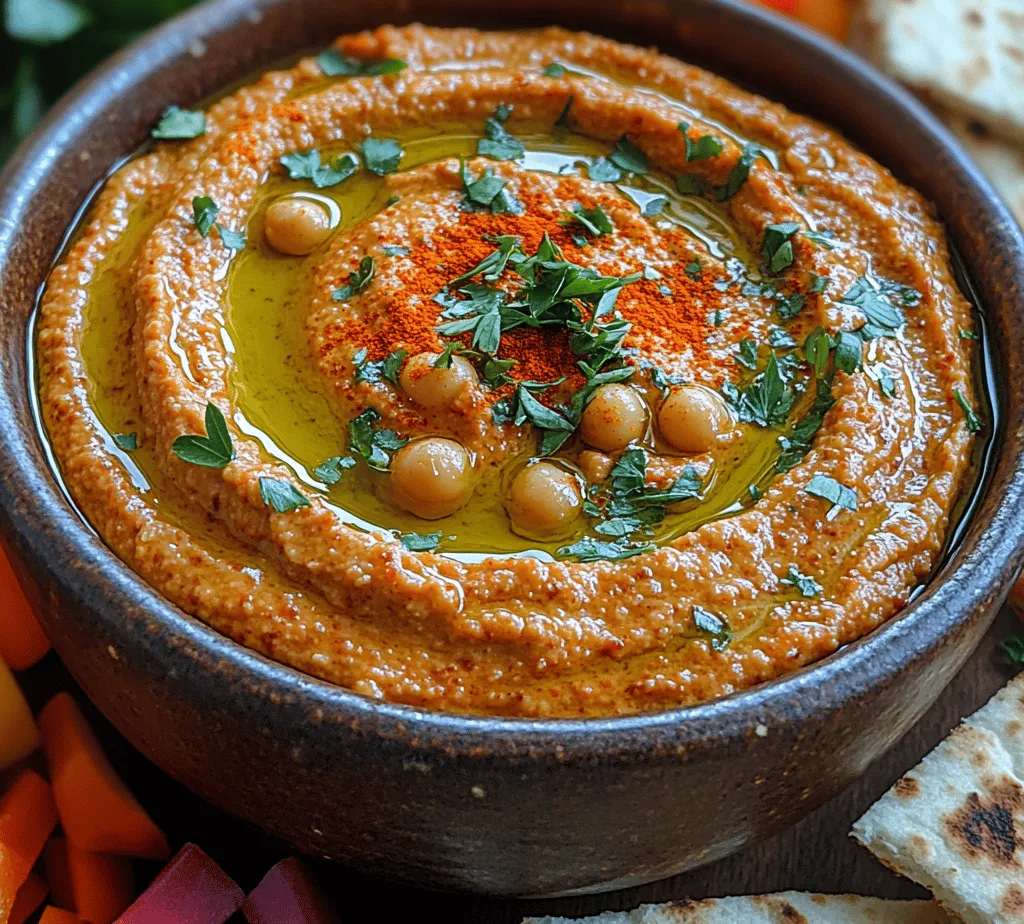 The beauty of this hummus lies in its simplicity and adaptability. The base is the familiar combination of chickpeas and tahini, which together create a creamy and satisfying texture. The addition of roasted red peppers elevates this classic dip, introducing a depth of flavor that is both smoky and sweet. Imagine serving this hummus at your next party, accompanied by an array of colorful vegetable sticks or crispy pita chips—your guests will be raving about it long after the last bite.
