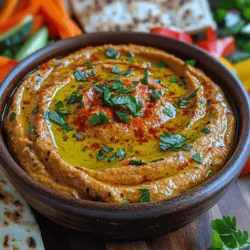 The beauty of this hummus lies in its simplicity and adaptability. The base is the familiar combination of chickpeas and tahini, which together create a creamy and satisfying texture. The addition of roasted red peppers elevates this classic dip, introducing a depth of flavor that is both smoky and sweet. Imagine serving this hummus at your next party, accompanied by an array of colorful vegetable sticks or crispy pita chips—your guests will be raving about it long after the last bite.