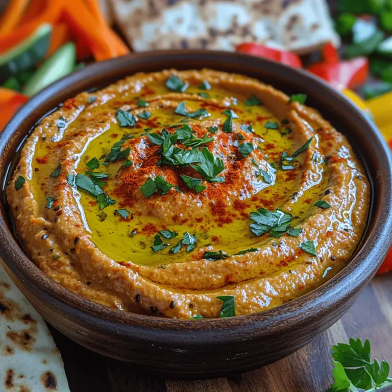 The beauty of this hummus lies in its simplicity and adaptability. The base is the familiar combination of chickpeas and tahini, which together create a creamy and satisfying texture. The addition of roasted red peppers elevates this classic dip, introducing a depth of flavor that is both smoky and sweet. Imagine serving this hummus at your next party, accompanied by an array of colorful vegetable sticks or crispy pita chips—your guests will be raving about it long after the last bite.