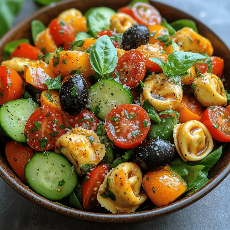 Tortellini, the star of this salad, has a long and rich history rooted in Italian cuisine. Originating from the Emilia-Romagna region, tortellini is a type of pasta that is traditionally stuffed with a variety of fillings, most commonly cheese or meats. The unique shape of tortellini, resembling a small ring, not only makes it fun to eat but also allows it to hold onto sauces and dressings beautifully. This characteristic makes tortellini an excellent base for salads, as it can absorb flavors while providing a delightful chewiness that complements the crunch of fresh vegetables.