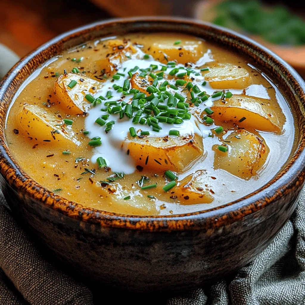 In the world of comfort food, few dishes can match the allure of a warm, velvety soup. The <strong>Creamy Roasted Garlic Bliss Soup</strong> is a true embodiment of this notion, offering a delightful blend of rich flavors that can soothe the soul and tantalize the taste buds. This soup is not just a meal; it’s an experience, perfect for cozy evenings spent indoors or as a starter for a gathering with friends and family. Its creamy texture and robust flavor profile make it an irresistible choice, especially during colder months.” /></p>
</p>
<h3>Sautéing the Base: The Art of Sautéing Onions</h3>
</p>
<p>The first step in crafting your Creamy Roasted Garlic Bliss Soup is to sauté the onions. This foundational technique not only builds the soup’s flavor but also adds a fragrant aroma that fills your kitchen. Begin by heating a couple of tablespoons of olive oil in a large pot over medium heat. Once the oil is shimmering, add finely chopped onions to the pot.</p>
</p>
<p>To achieve the right translucency and flavor development, it’s crucial to sauté the onions slowly. Stir occasionally, allowing them to soften and turn a light golden color. This process typically takes about 5-7 minutes. The goal is to coax out the sugars in the onions, which will enhance the overall sweetness and depth of your soup. Avoid rushing this step; patience will reward you with a richer, more flavorful base.</p>
</p>
<h3>Adding Potatoes and Broth: Best Practices for Cooking Potatoes in Soup</h3>
</p>
<p>Once your onions are perfectly sautéed, it’s time to introduce the star ingredient—potatoes. Choose Yukon Gold or Russet potatoes for their creamy texture when cooked. Peel and chop them into small, even-sized cubes to ensure they cook uniformly. Add the potatoes to the pot, stirring them with the onions for a minute to coat them in the flavorful oil.</p>
</p>
<p>Next, pour in your vegetable or chicken broth. The broth should be enough to cover the potatoes completely, typically around 4 cups, depending on the quantity of soup you are preparing. Bring the mixture to a gentle boil and then reduce the heat to a simmer. Simmering is crucial for flavor infusion; it allows the potatoes to cook through while melding their starchiness into the broth, creating a beautifully creamy base for your soup.</p>
</p>
<h3>Incorporating Roasted Garlic: Techniques for Blending Flavors</h3>
</p>
<p>The soul of your Creamy Roasted Garlic Bliss Soup lies in the roasted garlic. If you haven’t already roasted your garlic, this can be done easily by wrapping whole heads of garlic in foil and baking them at 400°F (200°C) for about 30-40 minutes until they are soft and caramelized.</p>
</p>
<p>Once roasted, allow the garlic to cool slightly, then squeeze the cloves from their skins into the pot. The warm aroma that wafts from the pot as you add the garlic is a sensory delight, promising an enriching flavor profile. Use a wooden spoon to stir the garlic into the soup, ensuring it integrates well with the potatoes and broth. This infusion of roasted garlic will elevate the soup, giving it a depth that is both comforting and sophisticated.</p>
</p>
<h3>Blending the Soup: Equipment Options and Achieving the Perfect Consistency</h3>
</p>
<p>Now that your soup is simmering and infused with the delightful flavors of roasted garlic and sautéed onions, it’s time to blend it into a creamy consistency. You have a couple of options here: an immersion blender or a traditional countertop blender.</p>
</p>
<p>An immersion blender is the easier option for this recipe. Simply submerge it into the pot and blend until the soup reaches your desired smoothness. This method minimizes cleanup, and you can easily control the texture. If you prefer a traditional blender, carefully transfer the soup in batches to avoid overflow, blending until silky smooth.</p>
</p>
<p>Regardless of the method you choose, ensure you blend thoroughly, as the goal is to achieve a velvety soup that feels luxurious on the palate.</p>
</p>
<h3>Finishing Touches: The Role of Cream and Seasoning in Balancing Flavors</h3>
</p>
<p>After blending, it’s time to add the finishing touches that will bring your Creamy Roasted Garlic Bliss Soup to life. Pour in about a cup of heavy cream or a non-dairy alternative, stirring gently to combine. This addition not only enhances the creaminess but also helps to balance the flavors, creating a harmonious blend that is both rich and comforting.</p>
</p>
<p>Be mindful to heat the soup gently after adding the cream, as boiling it can cause the cream to separate, ruining the smooth texture. Taste your soup before serving, and season it with salt and freshly cracked black pepper. Adjust the seasoning to your liking, ensuring that every spoonful is a delightful experience.</p>
</p>
<h3>Serving Suggestions: Presentation Tips for a Beautiful Dish</h3>
</p>
<p>Presentation can elevate your creamy soup from a simple meal to an elegant offering. Ladle the soup into warm bowls, and consider adding a swirl of cream on top for visual appeal. Garnish with freshly chopped herbs like chives or parsley to add a pop of color and freshness.</p>
</p>
<p>For an extra touch, sprinkle some roasted garlic cloves or croutons on top before serving. This not only adds texture but also invites your guests to enjoy the aromatic notes of garlic throughout the meal.</p>
</p>
<p>As for accompaniments, consider pairing the soup with crusty bread, a fresh garden salad, or a side of roasted vegetables. Each of these options complements the richness of the soup beautifully.</p>
</p>
<h3>Nutritional Benefits of Creamy Roasted Garlic Bliss Soup</h3>
</p>
<p>This soup is not only delectable but also packed with nutritional benefits:</p>
</p>
<p>– <strong>Garlic</strong>: Known for its immune-boosting properties, garlic is rich in antioxidants and has been linked to heart health.</p>
<p>– <strong>Potatoes</strong>: A great source of vitamins C and B6, potassium, and fiber, potatoes add heartiness to the soup.</p>
<p>– <strong>Olive Oil</strong>: A healthy fat that contains antioxidants and is known to promote heart health.</p>
<p>– <strong>Cream</strong>: While heavy cream adds richness, it also provides calcium and vitamin D. For a lighter option, consider using half-and-half or a plant-based cream.</p>
</p>
<p>In terms of caloric content, a serving of this soup can range between 250-400 calories, depending on the amount of cream used. For those following a vegan diet, substituting the cream with coconut milk or cashew cream makes this soup a deliciously creamy option without compromising on flavor.</p>
</p>
<h3>Creative Variations of the Recipe</h3>
</p>
<p>One of the best aspects of soup is its versatility. Here are some creative variations you can try:</p>
</p>
<p>– <strong>Ingredient Substitutions</strong>: Feel free to experiment with different herbs such as thyme or rosemary for a different aromatic profile. You can also add in other vegetables like carrots or celery for added nutrition and flavor.</p>
<p>– <strong>Hearty Additions</strong>: To make the soup heartier, consider adding proteins such as cooked chicken, white beans, or lentils. Alternatively, grains like quinoa or barley can be stirred in for added texture.</p>
<p>– <strong>Flavor Variations</strong>: For those who enjoy a bit of a kick, adding a pinch of red pepper flakes or a splash of hot sauce can elevate the soup. Swapping out the cream for a cashew cream can also add a unique flavor and is excellent for vegan adaptations.</p>
</p>
<h3>Conclusion</h3>
</p>
<p>The Creamy Roasted Garlic Bliss Soup is a celebration of simple, wholesome ingredients that come together to create a heartwarming dish perfect for any season. The rich, garlic-infused broth combined with the smoothness of cream creates a comforting experience that is both nourishing and satisfying.</p>
</p>
<p>As you gather the ingredients and follow the steps to prepare this delightful soup, remember to savor the process. Cooking is not just about the final product; it’s about the joy of creating something delicious to share with loved ones. So, roll up your sleeves and enjoy the art of making this beautiful soup, and let the warmth of its flavors bring comfort to your table.</p>
</div>
