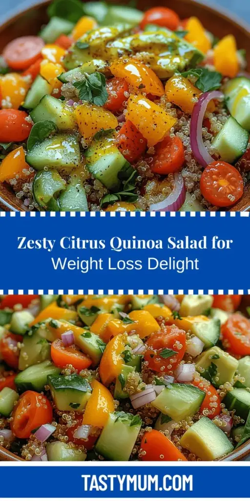 Discover the vibrant and nutritious Zesty Citrus & Quinoa Weight Loss Salad, a delicious meal perfect for your health journey. This refreshing dish combines protein-rich quinoa with a medley of colorful vegetables, including hydrating cucumbers, antioxidant-packed cherry tomatoes, and creamy avocado. Tossed with zesty citrus dressing, it's not only low in calories but also high in essential vitamins and minerals. Enjoy a satisfying and healthy option that makes weight loss enjoyable!