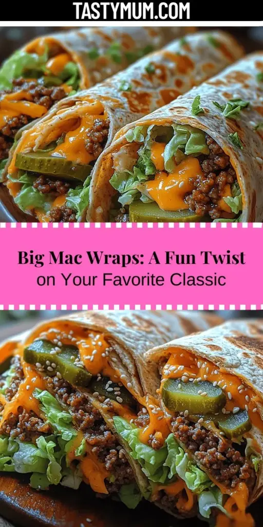 Discover a delicious twist on the classic Big Mac with these easy-to-make Big Mac Wraps! Perfect for busy lifestyles, this recipe combines seasoned ground beef, fresh veggies, and a homemade sauce, all wrapped in a wholesome tortilla. Enjoy the iconic flavors you love, but with a healthier spin. These wraps are customizable, making them ideal for family meals or quick lunches on the go. Get ready to indulge guilt-free in this fun and satisfying dish!