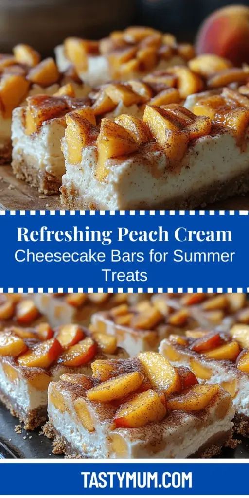 Dive into summer with these irresistible peach cream cheesecake bars! Combining the vibrant sweetness of fresh peaches with the rich creaminess of cheesecake, this easy recipe makes for a perfect dessert at any gathering. With a simple graham cracker crust, a smooth cheesecake filling, and a luscious peach topping, each bite is bursting with flavor. Impress your friends and family with this delightful treat that embodies the essence of warm weather and homemade goodness.