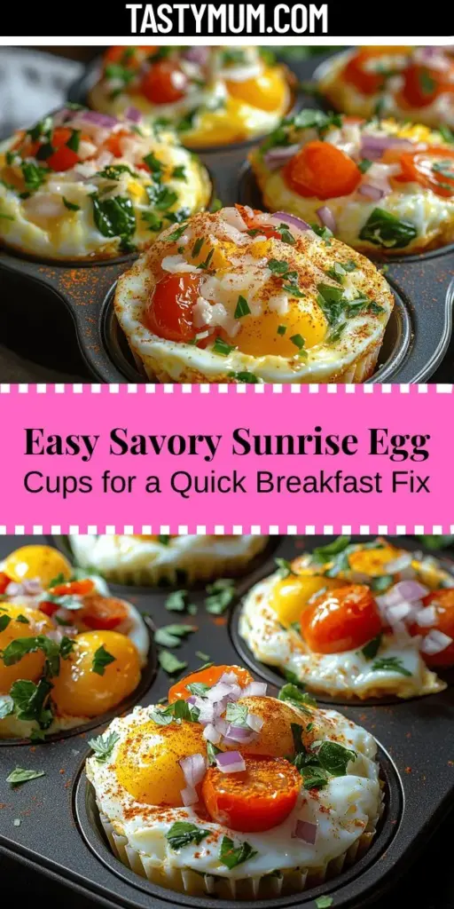 Elevate your breakfast routine with Savory Sunrise Baked Egg Cups! These nutritious and customizable mini meals are packed with protein-rich eggs, vibrant vegetables, and melty cheese. Ideal for busy mornings or leisurely brunches, they can be prepared in advance and stored for the week. With endless flavor combinations and dietary adaptations, these egg cups fit various lifestyles and preferences, making healthy eating both delicious and convenient. Dive into this transformative breakfast idea today!