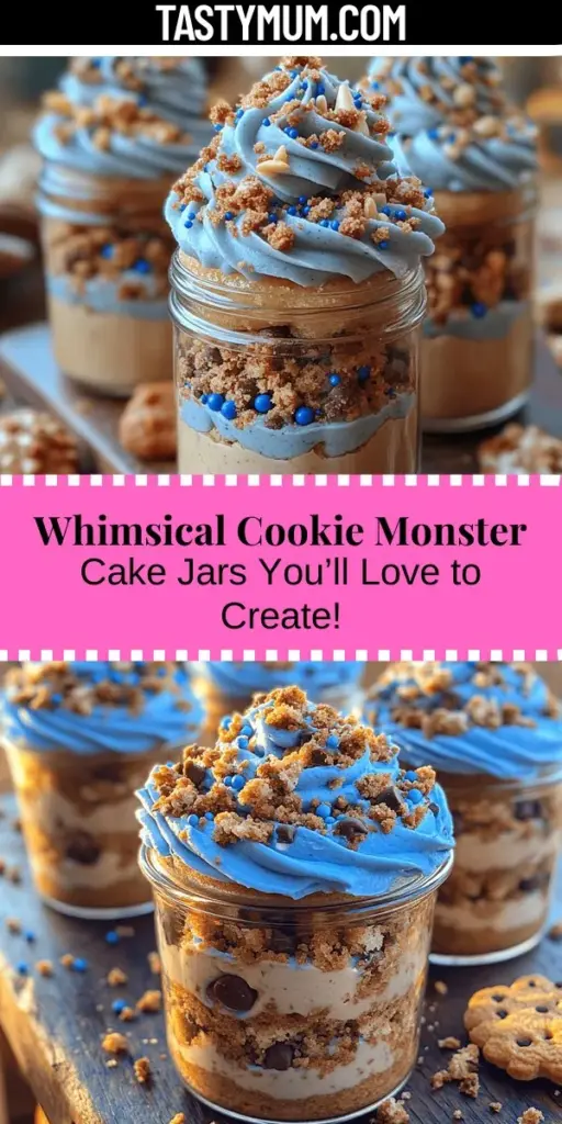 Bring joy to dessert time with Whimsical Cookie Monster Cake Jars! These delightful treats combine fluffy cake and crushed chocolate chip cookies, all layered in colorful jars and topped with vibrant blue frosting. Perfect for any occasion, they are easy to transport and portion, making them a fun choice for parties or cozy nights in. With their playful presentation and delicious flavors, these cake jars are sure to enchant both kids and adults alike!