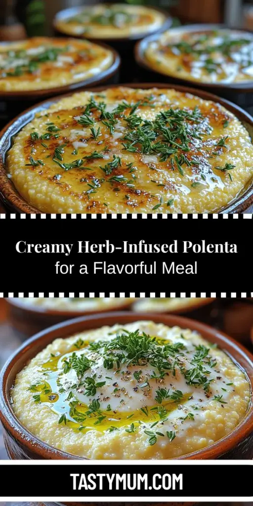 Discover the creamy goodness of Silky Herb-Infused Polenta Delight, a versatile dish that elevates the simple comfort of polenta with fresh herbs and rich flavors. Originating from Italy, polenta is made from ground cornmeal and can be enjoyed in various ways, from creamy to grilled. This delightful recipe combines the luxurious texture of heavy cream with aromatic rosemary and thyme, making it a perfect side or vegetarian main. Explore different flavor variations and enjoy this nourishing dish that's as adaptable as it is delicious!
