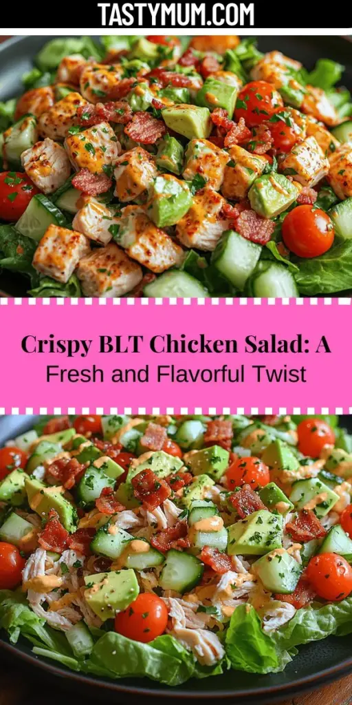 Discover the delicious Crispy BLT Chicken Salad, a refreshing twist on the classic sandwich that's packed with flavor and nutrition. This salad combines tender chicken, crispy bacon, and fresh veggies like romaine lettuce, cherry tomatoes, and avocado, all drizzled with a creamy homemade dressing. Perfect for lunch, dinner, or gatherings, this versatile dish can be tailored to your tastes and dietary preferences. Enjoy a satisfying and healthy meal that’s both easy to make and visually appealing.
