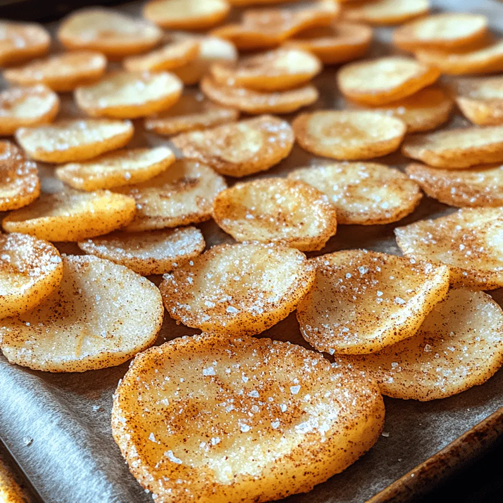In a world where snacking often means reaching for processed and sugary treats, the search for healthier alternatives has never been more important. Enter <strong>Baked Cinnamon Sugar Apple Chips</strong>—a delightful and nutritious snack that combines the natural sweetness of apples with the warm, comforting notes of cinnamon. These chips are not only easy to make but also pack a satisfying crunch that can rival any traditional potato chip. Whether you’re looking for a guilt-free snack for movie night or a wholesome addition to your child’s lunchbox, these apple chips are sure to please.” /></p>
</p>
<h3>Alternative Sweeteners and Spices for Variations</h3>
</p>
<p>When it comes to flavoring your Baked Cinnamon Sugar Apple Chips, the possibilities are endless. While traditional cinnamon and sugar are a classic combination, experimenting with alternative sweeteners and spices can elevate your apple chips to new heights. Here are some options to consider:</p>
</p>
<p>1. <strong>Alternative Sweeteners</strong>:</p>
<p>– <strong>Honey or Maple Syrup</strong>: For a natural twist, drizzle a little honey or maple syrup over the apple slices before sprinkling with cinnamon. Keep in mind that using liquids may require adjusting the baking time slightly.</p>
<p>– <strong>Coconut Sugar</strong>: This lower-glycemic sweetener offers a caramel-like flavor that pairs beautifully with apples.</p>
<p>– <strong>Stevia or Monk Fruit Sweetener</strong>: For those watching their sugar intake, these zero-calorie sweeteners work well without sacrificing sweetness.</p>
</p>
<p>2. <strong>Spices for Extra Flavor</strong>:</p>
<p>– <strong>Nutmeg</strong>: A pinch of nutmeg can add a warm, nutty flavor that complements the sweetness of the apples.</p>
<p>– <strong>Ginger</strong>: Ground ginger offers a zesty kick that can be delightful, especially when paired with cinnamon.</p>
<p>– <strong>Pumpkin Pie Spice</strong>: This blend typically contains cinnamon, nutmeg, and ginger, making it a perfect alternative for a seasonal twist.</p>
</p>
<p>By experimenting with these alternatives, you can customize your Baked Cinnamon Sugar Apple Chips to fit your taste preferences and dietary needs.</p>
</p>
<h3>Baking Process and Tips for Success</h3>
</p>
<h4>Arranging the Slices</h4>
</p>
<p>The way you arrange your apple slices on the baking tray plays a significant role in achieving the perfect crunch. Here are some helpful tips:</p>
</p>
<p>– <strong>Single Layer</strong>: Arrange the apple slices in a single layer without overlapping. This ensures that each slice has room to cook evenly and allows for optimal air circulation, which is crucial for achieving that desired crispness.</p>
<p>– <strong>Use Parchment Paper</strong>: Line your baking sheet with parchment paper to prevent sticking and make cleanup easier. It also helps the chips cook evenly.</p>
</p>
<h4>Importance of Spacing for Even Cooking</h4>
</p>
<p>Spacing is key to even cooking. If the slices are too close together, they will steam instead of bake, resulting in chewy rather than crispy chips. Make sure each slice has space around it, allowing hot air to circulate freely. This is especially important when using a conventional oven. If you’re baking a large batch, consider using multiple trays and rotating their positions halfway through for uniform cooking.</p>
</p>
<h4>Monitoring the Baking Time</h4>
</p>
<p>Understanding the signs of doneness is essential for perfect apple chips. Here’s how to monitor your baking:</p>
</p>
<p>– <strong>Color and Texture</strong>: The chips should become a light golden brown and feel firm to the touch. If they look pale or soft, they likely need more time. Keep a watchful eye, as overbaking can lead to burnt chips.</p>
<p>– <strong>Flipping the Slices</strong>: For optimal crispness, flip the apple slices halfway through the baking time. This allows both sides to receive equal exposure to the heat. Use tongs or a spatula to carefully turn each slice without breaking it.</p>
</p>
<h4>Cooling Process</h4>
</p>
<p>After baking, the cooling process is crucial to achieving the perfect texture. Here’s how to handle your chips post-baking:</p>
</p>
<p>– <strong>Cooling on a Wire Rack</strong>: Once removed from the oven, transfer the apple chips to a wire rack. This allows air to circulate around the chips, preventing them from becoming soggy. Let them cool completely before storing.</p>
<p>– <strong>Storing Tips</strong>: To maintain freshness and crunch, store your cooled apple chips in an airtight container. If humidity is a concern, consider adding a silica gel packet to absorb moisture. Properly stored, these chips can last up to two weeks, although they’re likely to be devoured long before then!</p>
</p>
<h3>Serving Suggestions and Pairing Ideas</h3>
</p>
<h4>Enjoying Apple Chips</h4>
</p>
<p>Baked Cinnamon Sugar Apple Chips are incredibly versatile and can be enjoyed in various ways:</p>
</p>
<p>– <strong>Standalone Snacks</strong>: These chips make for an excellent healthy snack option. They are light yet satisfying, perfect for mid-afternoon munching or on-the-go snacking.</p>
<p>– <strong>Part of a Charcuterie Board</strong>: Incorporate your apple chips into a charcuterie board alongside cheeses, cured meats, nuts, and other fruits for a stunning presentation. They add a delightful crunch and a hint of sweetness that balances savory flavors.</p>
</p>
<h4>Pairings with Dips</h4>
</p>
<p>Enhance your apple chips experience by pairing them with delicious dips:</p>
</p>
<p>– <strong>Yogurt</strong>: A creamy yogurt dip, whether plain or flavored, complements the sweetness of the apple chips. You could also add a drizzle of honey or a sprinkle of cinnamon to the yogurt for an extra touch of flavor.</p>
<p>– <strong>Nut Butter</strong>: Almond butter, peanut butter, or cashew butter pairs wonderfully with apple flavors. The creaminess of the nut butter contrasts nicely with the crunch of the chips, creating a satisfying snack.</p>
</p>
<h4>Creative Uses in Recipes</h4>
</p>
<p>Get creative with your Baked Cinnamon Sugar Apple Chips by incorporating them into other dishes:</p>
</p>
<p>– <strong>Salads</strong>: Crumble apple chips over mixed greens or grain salads for added texture and a hint of sweetness. They can be particularly delightful in fall-themed salads with roasted squash or sweet potatoes.</p>
<p>– <strong>Desserts</strong>: Use apple chips as a topping for desserts like ice cream sundaes or yogurt bowls. They can provide a satisfying crunch that balances creamy textures.</p>
<p>– <strong>Trail Mix</strong>: Break the chips into smaller pieces and mix them with nuts, seeds, and dark chocolate for a homemade trail mix. This makes for a great snack to take on hikes or road trips.</p>
</p>
<h3>Nutritional Analysis of Baked Cinnamon Sugar Apple Chips</h3>
</p>
<p>Understanding the nutritional value of your snacks is essential for making informed choices. Here’s a breakdown of the nutritional content per serving of Baked Cinnamon Sugar Apple Chips:</p>
</p>
<p>– <strong>Calories</strong>: Approximately 100 calories per serving (about 1 ounce or 28 grams).</p>
<p>– <strong>Sugar</strong>: Contains around 7 grams of natural sugars from the apples, depending on the variety used.</p>
<p>– <strong>Fiber</strong>: Offers about 3 grams of dietary fiber, which contributes to digestive health and helps keep you feeling full.</p>
</p>
<h4>Comparison with Traditional Snack Options</h4>
</p>
<p>When compared to traditional snack options like potato chips or cookies, Baked Cinnamon Sugar Apple Chips are a healthier alternative. Traditional chips can pack upwards of 150-200 calories per serving with high levels of unhealthy fats and added sugars, whereas apple chips are lower in calories and provide nutritional benefits from whole fruit.</p>
</p>
<h4>Discussion on Portion Control and Mindful Eating</h4>
</p>
<p>While Baked Cinnamon Sugar Apple Chips are a healthier choice, it’s still important to practice portion control. Enjoying them mindfully—savoring each bite and being aware of your hunger cues—can enhance your eating experience and prevent overeating. By serving yourself a single portion in a small bowl, you can enjoy the crunch without overindulging.</p>
</p>
<h3>Conclusion</h3>
</p>
<p>In summary, making your own Baked Cinnamon Sugar Apple Chips offers numerous benefits. Not only are they a healthier alternative to traditional snacks, but they also allow for creativity through the use of alternative sweeteners, spices, and diverse serving suggestions. The baking process, when done right, yields a delightful crunch that is hard to resist.</p>
</p>
<p>Encouraging you to experiment with flavors, these apple chips are not just a snack; they are a canvas for your culinary creativity. Enjoy the satisfaction of creating something delicious from scratch while promoting wellness in your snacking habits. The joy of preparing simple, wholesome recipes at home can transform your approach to healthy eating, making it both enjoyable and fulfilling. So go ahead, grab some apples, and embark on your own journey to crunchy delight!</p>
</div>