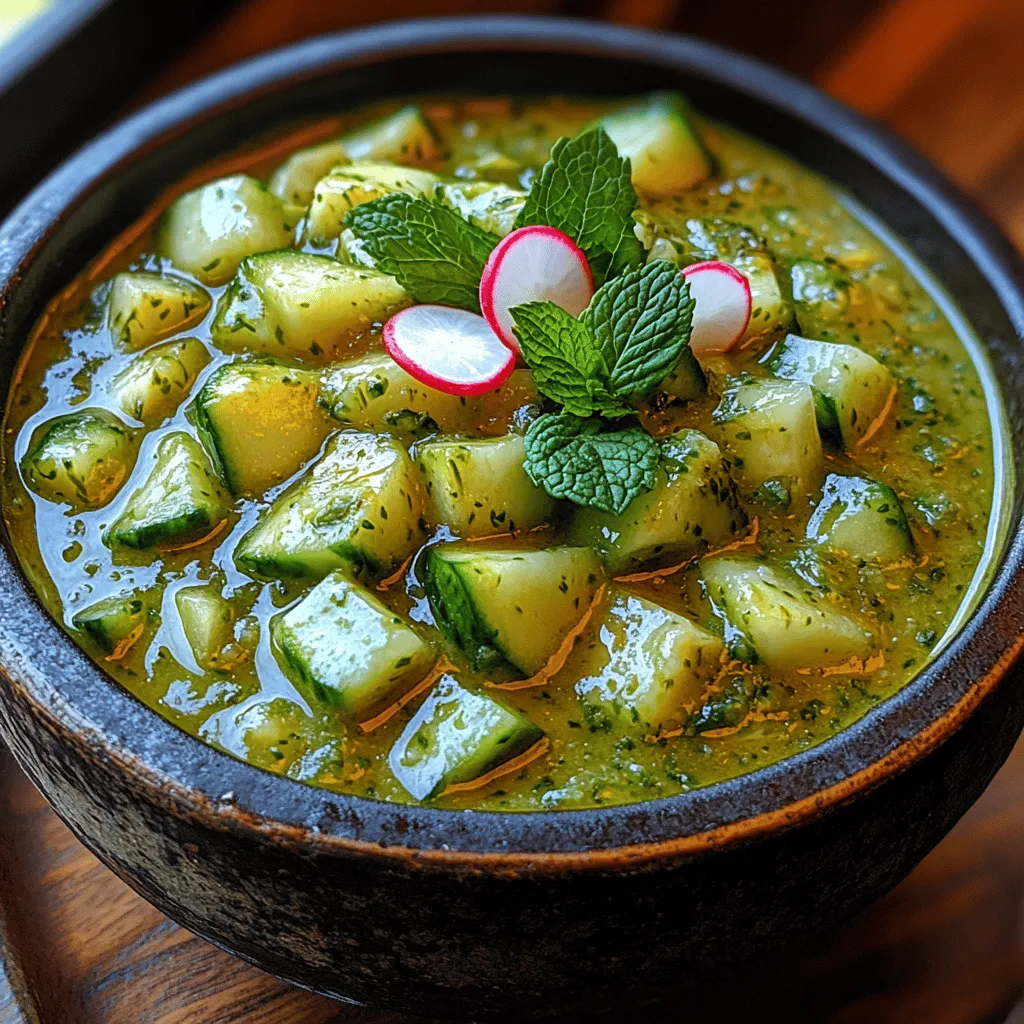 As the warm weather approaches, nothing is more refreshing than a chilled soup that tantalizes your taste buds while keeping you cool and hydrated. Enter the <strong>Chilled Cucumber Avocado Bliss</strong>, a delightful blend of creamy avocados and crisp cucumbers that embodies the essence of summer. This vibrant dish is not only visually appealing but also packed with a plethora of health benefits, making it an ideal choice for those hot afternoons or breezy evenings.” /></p>
</p>
<h3>Adding Flavor: The Balance of Ingredients and Emulsification Process</h3>
</p>
<p>Creating the perfect Chilled Cucumber Avocado Bliss begins with a thoughtful balance of ingredients. The beauty of this dish lies in its simplicity, yet the right combination can elevate it to a delightful culinary experience. The key components—cucumbers, avocados, garlic, lime juice, and herbs—must harmonize to create a refreshing and creamy soup.</p>
</p>
<p>When it comes to emulsification, the process is crucial for achieving that silky texture that makes this dish so enjoyable. Emulsification occurs when the fat from the avocado incorporates with the liquid from the cucumbers and lime juice, creating a smooth and cohesive mixture. To achieve this, blend the ingredients thoroughly until you have a uniform consistency.</p>
</p>
<p>Start with the cucumbers and avocados, adding the garlic, lime juice, and a pinch of salt. Blend until smooth, then slowly drizzle in olive oil while the blender is running. This slow incorporation allows the oil to combine with the other ingredients, enhancing the creaminess of the soup without separating. Taste and adjust the seasoning as needed, keeping in mind that the flavors will intensify after chilling.</p>
</p>
<h3>Chilling the Soup: Importance of Refrigeration</h3>
</p>
<p>Refrigeration is essential for this chilled soup, as it allows the flavors to meld together beautifully. When the soup sits in the fridge for at least two hours (or ideally overnight), the ingredients have time to interact, enriching the flavor profile. The cooling process also enhances the refreshing nature of the dish, making it perfect for hot days or as a light appetizer before heavier meals.</p>
</p>
<p>Not only does chilling improve the taste, but it also ensures that the soup is served at the optimal temperature. A cold soup can be invigorating, and the contrast of the creamy avocado with crisp cucumbers creates a delightful mouthfeel. Serve the soup straight from the refrigerator, ensuring it remains cool for enjoyment.</p>
</p>
<h3>Serving Suggestions: Creative Presentation for Visual Appeal</h3>
</p>
<p>Presentation plays a significant role in making any dish appealing, and Chilled Cucumber Avocado Bliss is no exception. To serve this soup creatively, consider the following suggestions:</p>
</p>
<p>1. <strong>Garnish with Fresh Herbs</strong>: Use a sprinkle of finely chopped mint or cilantro for a pop of color and freshness. These herbs not only enhance visual appeal but also complement the flavors of the soup.</p>
</p>
<p>2. <strong>Add a Drizzle of Olive Oil</strong>: Before serving, drizzle a good quality extra virgin olive oil over the top. This adds a glossy finish and an additional layer of flavor.</p>
</p>
<p>3. <strong>Include a Crunchy Element</strong>: Top the soup with diced tomatoes, radishes, or even croutons for a contrasting texture. These garnishes not only provide a crunch but also add a burst of color.</p>
</p>
<p>4. <strong>Serve in Creative Bowls</strong>: Consider using small, rustic bowls or clear cups to showcase the vibrant green color of the soup. This adds an element of sophistication to your presentation.</p>
</p>
<p>5. <strong>Accompany with Bread</strong>: Serve the soup alongside crusty bread or breadsticks for a complete meal. This not only enhances the dining experience but also provides a satisfying component to the dish.</p>
</p>
<h3>Nutritional Breakdown</h3>
</p>
<p>Understanding the nutritional value of Chilled Cucumber Avocado Bliss highlights its appeal as a healthy, light meal option. Each serving contains approximately:</p>
</p>
<p>– <strong>Calories</strong>: 150-200 calories</p>
<p>– <strong>Fats</strong>: 10-15 grams (primarily healthy fats from avocado)</p>
<p>– <strong>Carbohydrates</strong>: 15-20 grams</p>
<p>– <strong>Protein</strong>: 2-4 grams</p>
</p>
<p>This dish is not only low in calories but also rich in healthy fats, particularly monounsaturated fats from avocados, which are beneficial for heart health. The high fiber content from cucumbers aids in digestion and can help with weight management.</p>
</p>
<h3>Health Benefits of the Dish</h3>
</p>
<p>Chilled Cucumber Avocado Bliss is a nutritious option for anyone looking to maintain a healthy lifestyle. Here are some specific health benefits:</p>
</p>
<p>– <strong>Weight Management</strong>: The low-calorie nature of this soup makes it an excellent choice for those looking to lose or maintain weight. Packed with fiber, it helps to keep you full longer.</p>
</p>
<p>– <strong>Heart Health</strong>: The monounsaturated fats found in avocados can help lower bad cholesterol levels, promoting heart health. The combination of healthy fats, fiber, and vitamins contributes to overall cardiovascular wellness.</p>
</p>
<p>– <strong>Digestive Health</strong>: The high water content in cucumbers helps to keep you hydrated, while the fiber aids in digestion, preventing constipation and promoting a healthy gut.</p>
</p>
<h3>Dietary Considerations</h3>
</p>
<p>Chilled Cucumber Avocado Bliss is versatile and accommodating for various dietary restrictions. It is naturally vegan and gluten-free, making it suitable for a wide range of diets. This dish is also paleo-friendly and can easily be adapted for those following keto diets by adjusting the portion of cucumbers.</p>
</p>
<h3>Culinary Pairings and Serving Suggestions</h3>
</p>
<p>To create a complete meal, consider pairing Chilled Cucumber Avocado Bliss with the following:</p>
</p>
<p>– <strong>Bread</strong>: Crusty artisan bread or a light sourdough is perfect for dipping into the creamy soup. You could also consider serving it with a savory herb focaccia.</p>
</p>
<p>– <strong>Salads</strong>: A light side salad with mixed greens, citrus segments, or grilled vegetables complements the soup beautifully. The freshness of the salad enhances the overall experience.</p>
</p>
<p>– <strong>Grilled Meats</strong>: For a heartier meal, pair the soup with grilled chicken or shrimp. The smoky flavors of the grilled proteins contrast deliciously with the refreshing soup.</p>
</p>
<h4>Seasonal Variations</h4>
</p>
<p>This soup can be adapted to reflect the seasons. In spring, consider adding fresh herbs like dill or tarragon for a fragrant twist. Summer may call for the inclusion of diced heirloom tomatoes or edible flowers for a vibrant touch. In the fall, adding roasted pumpkin or butternut squash can introduce a warming element, while in winter, you could incorporate spices like cumin or smoked paprika for added depth.</p>
</p>
<h3>Cultural Context and Variations of Similar Dishes</h3>
</p>
<p>Chilled soups have a rich history across various culinary traditions. Spanish gazpacho, for instance, is a well-known cold soup made primarily from blended tomatoes, cucumbers, and peppers. Vichyssoise, a French classic, features leeks and potatoes and is served cold, showcasing the versatility of cold soups in different cultures.</p>
</p>
<p>Exploring regional ingredients offers exciting variations for this recipe. For instance, incorporating local herbs or even regional vegetables can provide a unique twist. In Southeast Asian cuisine, adding coconut milk can bring a creamy texture and a hint of sweetness, while in Mexican cuisine, a splash of lime and cilantro can elevate the flavors.</p>
</p>
<h3>Conclusion</h3>
</p>
<p>Chilled Cucumber Avocado Bliss is not just a dish; it’s an experience that highlights the beauty of fresh ingredients and the simplicity of home cooking. Its refreshing nature makes it suitable for various occasions, whether as a starter at a summer gathering or a light lunch on a warm day.</p>
</p>
<p>Encouraging creativity in the kitchen is essential—experiment with different herbs, garnishes, or ingredients to make this recipe your own. The balance of flavor, nutrition, and ease of preparation makes this chilled soup a staple for anyone looking to enjoy a deliciously healthy dish. Embrace the versatility of this recipe, and let it inspire you to explore the delightful world of chilled soups and the endless possibilities they offer.</p>
</div>