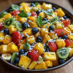 The Tropical Sunrise Breakfast Fruit Salad is made up of a variety of colorful fruits, each contributing its unique flavor and health benefits. Let’s explore the individual components that make this salad not just a feast for the eyes, but also a powerhouse of nutrition.