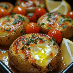 The allure of Baked Feta Potatoes lies in their harmonious blend of flavors and textures. The creamy, tangy feta cheese beautifully complements the soft, fluffy interior of the baked potatoes, while the crisp exterior adds a satisfying crunch. This dish also features the vibrant colors of fresh cherry tomatoes and the aromatic notes of garlic and herbs, making it as visually appealing as it is delicious.
