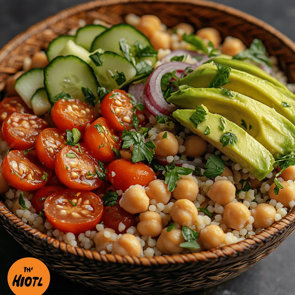 As the weather warms up, the craving for light, refreshing meals often intensifies. The <strong>Refreshing Cold Chickpea Couscous Bowl</strong> presents itself as the perfect dish for those hot summer days when the last thing you want to do is spend hours in the kitchen. This vibrant bowl is not only visually appealing, but it also packs a punch in terms of flavor and nutrition. Featuring a medley of fresh vegetables, protein-rich chickpeas, and fluffy couscous, this dish offers a delightful combination of textures and tastes that satisfies both hunger and the desire for something healthy.” /></p>
</p>
<h3>Technique for Folding Couscous Without Breaking the Grains</h3>
</p>
<p>When preparing your Cold Chickpea Couscous Bowl, one crucial step is to ensure that the couscous grains remain intact and fluffy. To achieve this, it’s essential to master the technique of folding rather than stirring. After cooking your couscous, allow it to rest for a few minutes covered to steam. Once it’s ready, use a fork to gently fluff the grains. This technique not only separates the grains but also prevents them from becoming mushy. Start from the edges and work your way toward the center, lifting and turning the couscous instead of stirring it vigorously. This method maintains the integrity of each grain, giving your salad a light and airy texture.</p>
</p>
<h3>Dressing the Salad</h3>
</p>
<p>A well-dressed salad can elevate the flavors of your dish significantly. For the Cold Chickpea Couscous Bowl, a simple yet zesty dressing works best. Combine olive oil, fresh lemon juice, minced garlic, salt, and pepper in a bowl. Whisk these ingredients together until fully emulsified. The olive oil lends a smooth texture, while the lemon juice brightens the dish, making it refreshing and vibrant. Feel free to add a pinch of cumin or smoked paprika for an extra layer of flavor that complements the chickpeas perfectly.</p>
</p>
<h3>Tips for Even Distribution of Dressing</h3>
</p>
<p>To ensure that your dressing coats every ingredient evenly, drizzle it over the salad instead of pouring it all in one spot. This technique allows for better coverage and prevents any single ingredient from becoming overly saturated. Use a large bowl to mix the salad, and pour the dressing gradually while tossing the ingredients gently. This way, each bite delivers a burst of flavor without overwhelming any single component.</p>
</p>
<h3>Importance of Gentle Tossing to Maintain Ingredient Integrity</h3>
</p>
<p>When tossing the salad, it’s vital to be gentle. Over-mixing can break the delicate ingredients and turn your beautiful bowl into a mushy mixture. Use a folding motion with your hands or a large spoon to combine the couscous, chickpeas, vegetables, and dressing. This technique keeps the chickpeas whole and the vegetables crisp, ensuring that your salad has a pleasing texture and presentation.</p>
</p>
<h3>Serving Suggestions</h3>
</p>
<p>For an impressive presentation, serve your Cold Chickpea Couscous Bowl in a wide, shallow dish to showcase the vibrant colors of the ingredients. You can layer the couscous on the bottom, followed by a generous scoop of the chickpeas and vegetables on top. Garnish with freshly chopped herbs like parsley or cilantro for a pop of green. A sprinkle of feta cheese or avocado slices adds a creamy element that complements the salad’s freshness.</p>
</p>
<p>Regarding serving temperatures, this salad is best served chilled, as the cold temperature enhances the flavors and provides a refreshing contrast, especially on warm days. Allow the salad to chill in the refrigerator for at least 30 minutes before serving to let the flavors meld beautifully.</p>
</p>
<h3>Nutritional Analysis</h3>
</p>
<p>Understanding the nutritional makeup of your meal is essential for maintaining a balanced diet. One serving of this Cold Chickpea Couscous Bowl generally contains approximately 350-400 calories, depending on the specific ingredients used. Here’s a breakdown of the nutritional components:</p>
</p>
<p>– <strong>Calories</strong>: 350-400</p>
<p>– <strong>Protein</strong>: 12-15g</p>
<p>– <strong>Carbohydrates</strong>: 50-60g</p>
<p>– <strong>Fiber</strong>: 10-12g</p>
<p>– <strong>Fat</strong>: 10-15g</p>
</p>
<p>Chickpeas are an excellent source of plant-based protein and fiber, promoting digestive health and keeping you full longer. Couscous provides complex carbohydrates, giving you energy without causing spikes in blood sugar levels. Fresh vegetables contribute essential vitamins and minerals, such as vitamin C from bell peppers and potassium from cucumbers, making this dish not only satisfying but nutritious as well.</p>
</p>
<h3>Health Benefits of Key Ingredients</h3>
</p>
<p>– <strong>Chickpeas</strong>: High in protein and fiber, chickpeas help support muscle growth and digestive health while lowering cholesterol levels.</p>
<p>– <strong>Couscous</strong>: A good source of selenium, couscous supports metabolism and enhances the immune system.</p>
<p>– <strong>Fresh Vegetables</strong>: Rich in vitamins A and C, these vegetables boost overall health and provide antioxidants that help combat free radicals.</p>
</p>
<h3>Importance of Fiber, Vitamins, and Minerals in a Balanced Diet</h3>
</p>
<p>Incorporating fiber-rich foods like chickpeas and vegetables into your diet is essential for maintaining digestive health, regulating blood sugar levels, and aiding in weight management. The vitamins and minerals found in this Cold Chickpea Couscous Bowl help support overall bodily functions, strengthen the immune system, and promote healthy skin.</p>
</p>
<h3>Versatility and Customization</h3>
</p>
<p>One of the best aspects of the Cold Chickpea Couscous Bowl is its versatility. You can adapt it to fit various dietary preferences and seasonal availability:</p>
</p>
<p>1. <strong>Ingredient Substitutions</strong>:</p>
<p>– <strong>Vegan</strong>: This recipe is already vegan-friendly, but you can enhance it by adding more plant proteins like edamame or quinoa.</p>
<p>– <strong>Gluten-Free</strong>: Substitute couscous with quinoa or gluten-free grains, ensuring that you maintain the salad’s texture while accommodating dietary restrictions.</p>
</p>
<p>2. <strong>Seasonal Variations</strong>:</p>
<p>– In spring and summer, incorporate fresh seasonal vegetables like asparagus or zucchini. In the fall, roasted butternut squash or sweet potatoes provide a hearty touch. During the winter, using roasted vegetables like Brussels sprouts can add warmth and flavor.</p>
</p>
<p>3. <strong>Adding Protein</strong>:</p>
<p>– For those who wish to elevate the protein content, consider grilled chicken, shrimp, or marinated tofu. These additions can transform the salad into a more substantial meal while maintaining its refreshing qualities.</p>
</p>
<h3>Culinary Tips and Techniques</h3>
</p>
<p>Efficient preparation is key to enjoying your Cold Chickpea Couscous Bowl without spending all day in the kitchen. Here are some tips to save time:</p>
</p>
<p>– <strong>Prep Ingredients in Advance</strong>: Chop your vegetables and store them in airtight containers in the refrigerator a day before serving. This way, you can quickly assemble the salad when you’re ready to eat.</p>
<p>– <strong>Use Fresh Herbs</strong>: Fresh herbs can significantly enhance the flavor of your dish. To store them properly, wrap them in a damp paper towel and place them in a plastic bag in the fridge. This keeps them fresh longer and prevents them from wilting.</p>
<p>– <strong>Meal Prep</strong>: This salad keeps well in the refrigerator, making it an excellent option for meal prep. Prepare a larger batch and store it in portions to grab for quick lunches or dinners throughout the week.</p>
</p>
<h3>Conclusion</h3>
</p>
<p>The Cold Chickpea Couscous Bowl is a refreshing, nutritious, and versatile dish that can be enjoyed on various occasions, from summer picnics to hearty lunches. With its vibrant flavors, health benefits, and ease of preparation, it’s the perfect meal for anyone looking to incorporate more plant-based foods into their diet. The ability to customize the ingredients allows for endless experimentation with flavors and textures, ensuring that you never get tired of this delightful dish.</p>
</p>
<p>We encourage you to try this recipe, play around with the ingredients, and discover your unique spin on this nourishing bowl. Whether you’re serving it at a gathering or enjoying it solo, the Cold Chickpea Couscous Bowl is sure to impress and satisfy.</p>
</div>