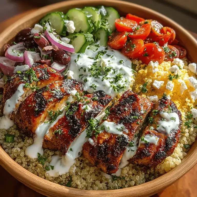 Explore the vibrant flavors of the Mediterranean with our Zesty Greek Chicken Bowls topped with a refreshing tzatziki sauce. This dish is not just a meal; it’s an experience that encapsulates the essence of Greek cuisine. Featuring marinated chicken thighs, wholesome grains, fresh vegetables, and a creamy yogurt sauce, these bowls offer a perfect balance of tanginess and zest, making them a stellar choice for a healthy lunch or a satisfying dinner.