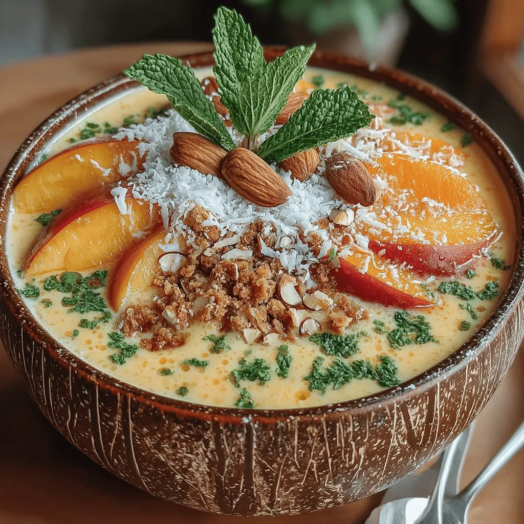 One of the highlights of the Peach Mango Paradise Smoothie Bowl is the crunchy granola that adds a delightful crunch to every bite. When choosing granola, opt for one that's low in added sugars and packed with whole grains. You can even make your own by mixing oats, nuts, seeds, and a touch of honey or maple syrup before baking until golden and crispy. This homemade touch not only enhances the flavor but also allows you to control the ingredients, ensuring a healthier option for your smoothie bowl.