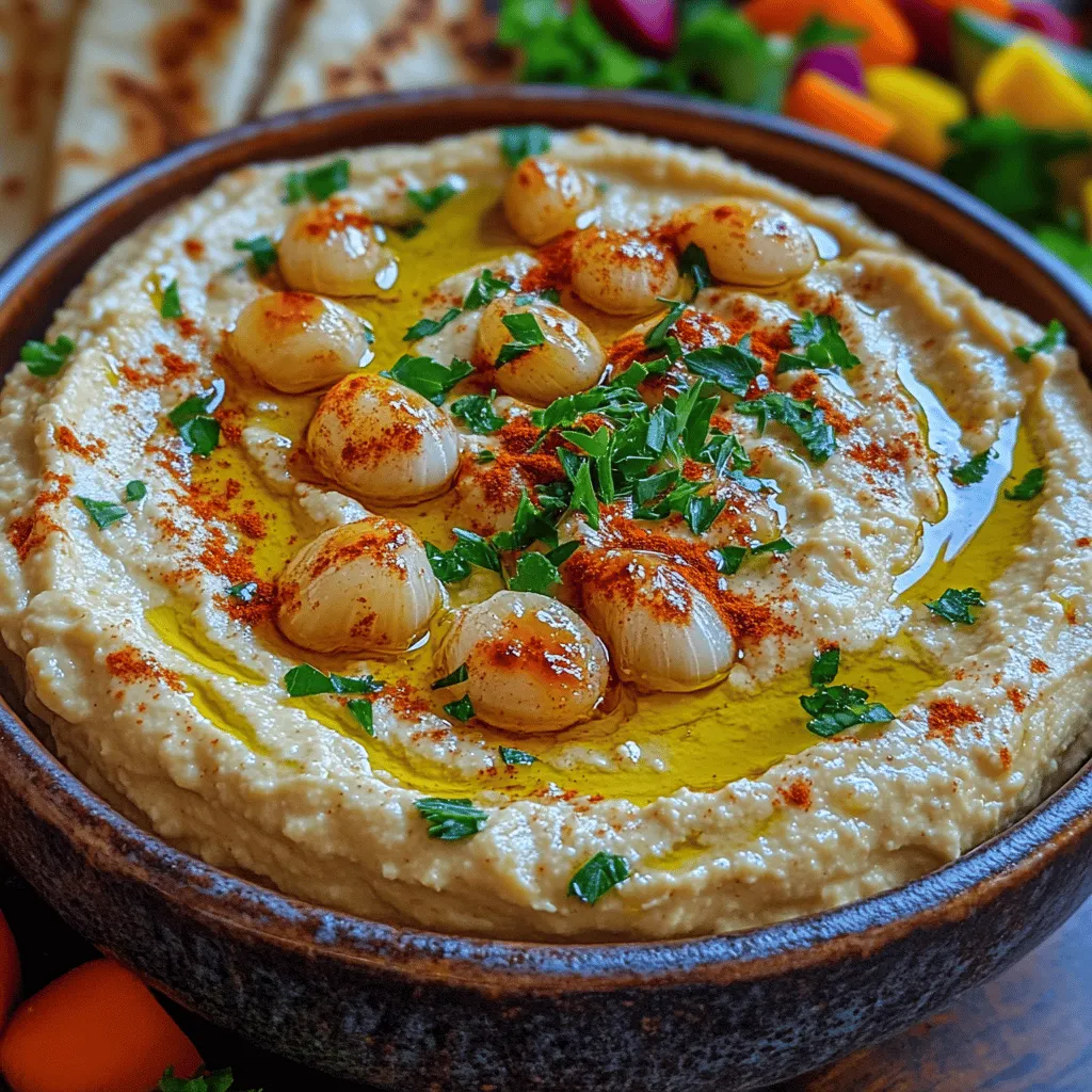 Hummus, a beloved staple of Middle Eastern cuisine, has transcended cultural boundaries to become a global favorite. This creamy, versatile dip is not only delicious but also packed with nutrients, making it a go-to choice for health-conscious eaters. Among the many variations of hummus, <strong>Creamy Roasted Garlic Hummus</strong> stands out for its rich, savory flavor profile that elevates traditional chickpea-based recipes to new heights. This delightful dip is a perfect blend of smooth chickpeas, roasted garlic, and tahini, delivering a velvety texture that is both satisfying and indulgent.” /></p>
</p>
<h3>Visual Cues to Look For During Cooking</h3>
</p>
<p>When preparing your creamy roasted garlic hummus, there are several visual cues to keep an eye on that will help ensure you achieve the perfect consistency and flavor.</p>
</p>
<p>1. <strong>Garlic Roast Color</strong>: When roasting the garlic, look for a golden-brown color. This indicates that the sugars in the garlic have caramelized, giving it a sweet, rich flavor. If the garlic turns too dark or black, it may impart a bitter taste to your hummus.</p>
</p>
<p>2. <strong>Chickpea Texture</strong>: When cooking your chickpeas, whether using canned or dried, make sure they are tender and easily mashable. If using dried beans, soak them overnight and cook them until they are soft but not mushy. For canned chickpeas, a quick rinse helps remove excess sodium and any tin flavor.</p>
</p>
<p>3. <strong>Hummus Consistency</strong>: As you blend the ingredients together, watch for a smooth and creamy texture. If the mixture appears too thick or grainy, add a tablespoon of water or olive oil at a time until you reach the desired consistency. The hummus should flow easily off a spoon without being runny.</p>
</p>
<p>4. <strong>Final Taste Test</strong>: Before serving, taste your hummus. It should have a well-rounded flavor with a hint of nuttiness from the tahini and a mellow but present garlic taste. Adjust seasoning with salt or lemon juice as needed.</p>
</p>
<h3>Serving Suggestions</h3>
</p>
<p>Now that your creamy roasted garlic hummus is ready, it’s time to think about how to serve it. Here are some ideal accompaniments, presentation tips, and beverage pairings to elevate your dish.</p>
</p>
<h4>Ideal Accompaniments and Side Dishes</h4>
</p>
<p>Hummus is incredibly versatile and goes well with a variety of foods. Here are some popular accompaniments:</p>
</p>
<p>– <strong>Fresh Vegetables</strong>: Serve your hummus with an assortment of colorful fresh vegetables like carrot sticks, cucumber slices, bell pepper strips, and cherry tomatoes. The crunch of the veggies complements the creaminess of the hummus beautifully.</p>
</p>
<p>– <strong>Pita Bread</strong>: Warm, soft pita bread or pita chips are classic pairings for hummus. You can also use whole grain or gluten-free pita options for a healthier twist.</p>
</p>
<p>– <strong>Olives</strong>: A bowl of mixed olives can add a salty bite that contrasts nicely with the creamy hummus.</p>
</p>
<p>– <strong>Grains</strong>: Pair the hummus with whole grain crackers or even spread it on a sandwich for a hearty and nutritious option.</p>
</p>
<h4>Presentation Tips for an Appealing Dish</h4>
</p>
<p>How you present your hummus can enhance the dining experience. Here are some tips for an appealing presentation:</p>
</p>
<p>– <strong>Serving Bowl</strong>: Use a shallow bowl to serve your hummus, allowing for a wider surface area. This makes it easier for guests to dip into.</p>
</p>
<p>– <strong>Swirl and Drizzle</strong>: After transferring the hummus to the bowl, use the back of a spoon to create a swirl in the center. Drizzle with high-quality olive oil and sprinkle with smoked paprika or freshly chopped herbs like parsley for color.</p>
</p>
<p>– <strong>Garnish</strong>: Add a few whole roasted garlic cloves on top or sprinkle some toasted pine nuts for added texture and a gourmet touch.</p>
</p>
<h4>Pairing Beverages That Complement the Flavors</h4>
</p>
<p>The right beverage can elevate your hummus experience. Here are some options:</p>
</p>
<p>– <strong>Wine</strong>: A crisp white wine, such as Sauvignon Blanc or a light red like Pinot Noir, pairs nicely with the flavors of roasted garlic and tahini.</p>
</p>
<p>– <strong>Beer</strong>: A light lager or wheat beer can balance the creaminess of the hummus without overwhelming the palate.</p>
</p>
<p>– <strong>Herbal Tea</strong>: For a non-alcoholic option, serve with a refreshing herbal tea, such as mint or chamomile, which can enhance the flavors of the garlic.</p>
</p>
<h3>Nutritional Information</h3>
</p>
<p>Understanding the nutritional benefits of your creamy roasted garlic hummus can help you appreciate this dish even more.</p>
</p>
<h4>Breakdown of Calories and Macronutrients</h4>
</p>
<p>A typical serving (about 2 tablespoons) of creamy roasted garlic hummus contains approximately:</p>
</p>
<p>– <strong>Calories</strong>: 70</p>
<p>– <strong>Protein</strong>: 2 grams</p>
<p>– <strong>Carbohydrates</strong>: 6 grams</p>
<p>– <strong>Fat</strong>: 5 grams</p>
<p>– <strong>Fiber</strong>: 1 gram</p>
</p>
<p>These values can vary depending on the specific ingredients used, particularly the amount of olive oil and tahini.</p>
</p>
<h4>Health Benefits Associated with Key Ingredients</h4>
</p>
<p>– <strong>Chickpeas</strong>: Packed with protein and fiber, chickpeas can help with digestion and contribute to heart health.</p>
</p>
<p>– <strong>Garlic</strong>: Roasted garlic offers numerous health benefits, including boosting the immune system, reducing blood pressure, and having anti-inflammatory properties.</p>
</p>
<p>– <strong>Tahini</strong>: Rich in healthy fats and vitamins, tahini contributes calcium and magnesium, making it a nutritious addition to your diet.</p>
</p>
<h4>Dietary Considerations</h4>
</p>
<p>This creamy roasted garlic hummus is vegan and gluten-free, making it suitable for a wide range of dietary needs. Ensure that the accompaniments, such as pita bread or crackers, also adhere to these dietary restrictions if necessary.</p>
</p>
<h3>Variations and Customizations</h3>
</p>
<p>One of the joys of cooking is the ability to customize recipes to suit your taste. Here are some variations and customizations for your hummus:</p>
</p>
<h4>Alternative Ingredients for Dietary Restrictions</h4>
</p>
<p>– <strong>Nut-Free</strong>: If you have nut allergies, you can replace tahini with sunflower seed butter or simply omit it altogether for a lower-fat option.</p>
</p>
<p>– <strong>Low-FODMAP</strong>: For those following a low-FODMAP diet, reduce the amount of garlic or substitute it with garlic-infused olive oil for flavor without the fructans.</p>
</p>
<h4>Different Regional Adaptations of the Dish</h4>
</p>
<p>Hummus is enjoyed in many cultures, and there are various adaptations that you can explore:</p>
</p>
<p>– <strong>Spicy Hummus</strong>: Add harissa or cayenne pepper for a spicy kick. Adjust the level of spice to your preference.</p>
</p>
<p>– <strong>Herbed Hummus</strong>: Blend in fresh herbs like cilantro or basil for a refreshing twist.</p>
</p>
<p>– <strong>Roasted Beet Hummus</strong>: For a vibrant color and earthy flavor, blend roasted beets into your hummus.</p>
</p>
<h4>Tips for Adjusting Spice Levels and Flavor Profiles</h4>
</p>
<p>– <strong>Taste as You Go</strong>: Always taste your hummus during the blending process. This allows you to adjust flavors, acidity, and saltiness according to your preference.</p>
</p>
<p>– <strong>Add Ins</strong>: Incorporate additional ingredients such as lemon zest, cumin, or smoked paprika to enhance the flavor profile.</p>
</p>
<h3>Storage and Leftover Ideas</h3>
</p>
<p>If you find yourself with leftover hummus, you can store it properly and use it creatively.</p>
</p>
<h4>Best Practices for Storage</h4>
</p>
<p>– <strong>Airtight Container</strong>: Store your hummus in an airtight container in the refrigerator to maintain its freshness. It should last about 4-5 days.</p>
</p>
<p>– <strong>Olive Oil Layer</strong>: To prolong its shelf life, drizzle a thin layer of olive oil over the surface of the hummus before sealing the container. This helps prevent oxidation.</p>
</p>
<h4>How to Reheat Without Losing Flavor or Texture</h4>
</p>
<p>Hummus is best served cold or at room temperature, so reheating is generally not necessary. If you prefer warm hummus, gently warm it in the microwave for a few seconds, stirring in between to maintain its creamy texture.</p>
</p>
<h4>Creative Ways to Use Leftovers</h4>
</p>
<p>Don’t let leftover hummus go to waste! Here are a few ideas for using it up:</p>
</p>
<p>– <strong>Spread</strong>: Use hummus as a spread for sandwiches or wraps for added creaminess and flavor.</p>
</p>
<p>– <strong>Dressing</strong>: Thin out hummus with water, lemon juice, or additional olive oil to create a delicious salad dressing.</p>
</p>
<p>– <strong>Dip or Sauce</strong>: Mix hummus with yogurt or sour cream for a creamy dip or sauce for grilled meats or vegetables.</p>
</p>
<h3>Conclusion</h3>
</p>
<p>Creamy roasted garlic hummus is not just a delicious dish; it’s a versatile recipe that can adapt to any occasion. Whether served as an appetizer at a gathering or as a healthy snack at home, it offers rich flavors and nutrients that everyone can enjoy.</p>
</p>
<p>Encouraging experimentation with the recipe allows for personal touches and creativity in the kitchen. Don’t hesitate to try different ingredients, spices, and serving ideas, as the joy of cooking often comes from exploration and sharing your culinary creations with others. So, roll up your sleeves, get roasting, and let the delightful aromas fill your kitchen as you whip up this creamy delight!</p>
</div>