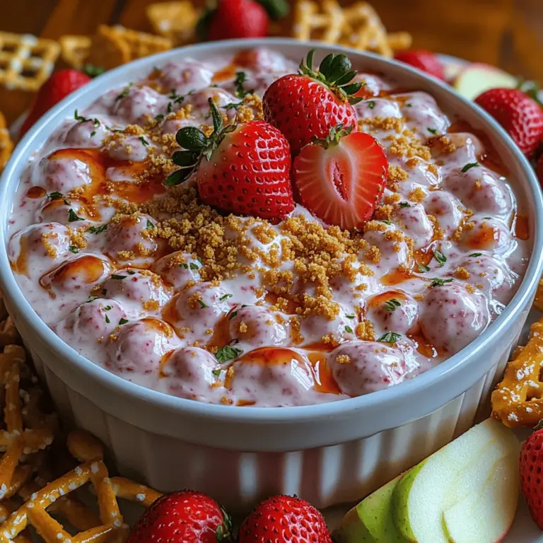 When it comes to indulgent desserts that are both simple to prepare and crowd-pleasing, few options can compete with the Sweet Strawberry Cheesecake Dip. This delightful concoction captures the essence of classic cheesecake in a format that's perfect for sharing. Whether you're hosting a lively gathering, planning a picnic, or simply craving a sweet treat during a cozy night in, this dip is versatile enough to fit any occasion. The creamy and luscious texture, combined with the vibrant flavor of fresh strawberries, makes this dip a favorite among both adults and children alike.