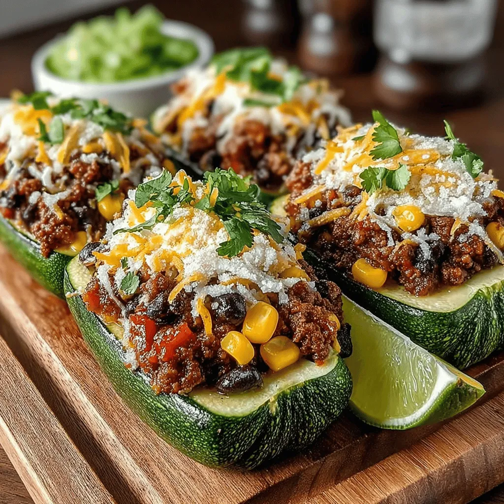 <strong>Exploring the Concept of Taco Boats</strong>” /></p>
</p>
<h2>The Importance of Browning the Meat and How It Enhances Flavor</h2>
</p>
<p>Browning the meat is a crucial step in preparing your Zesty Zucchini Taco Boats. This technique not only imparts a rich, deep flavor to the meat but also adds texture that enhances the overall dish. When meat is browned, the Maillard reaction occurs, creating complex flavors and aromas that elevate the taste profile of your taco filling. Aim for a medium-high heat when browning your ground meat, ensuring it cooks evenly and develops a beautiful golden crust. This foundational step sets the stage for a flavor-packed filling that will complement the freshness of the zucchini.</p>
</p>
<h2>Combining Ingredients for Flavor Fusion</h2>
</p>
<h3>Techniques for Mixing in Vegetables and Seasonings</h3>
</p>
<p>Once the meat is browned, it’s time to combine it with a medley of vegetables and seasonings. Start by adding diced onions, bell peppers, and garlic to the skillet. These aromatics will not only contribute sweetness and depth but will also create a fragrant base for your taco filling. Stir occasionally to ensure even cooking and prevent burning. After a few minutes, incorporate chopped tomatoes, corn, and black beans into the mixture. The vibrant colors and textures of these ingredients will add visual appeal and nutritional value.</p>
</p>
<p>Don’t forget the seasonings! A blend of cumin, chili powder, smoked paprika, and salt can transform your filling, providing that signature taco flavor. Adjust the spice levels according to your preference, and consider adding a splash of lime juice for brightness.</p>
</p>
<h3>Importance of Simmering for Flavor Development</h3>
</p>
<p>After mixing in your vegetables and seasonings, allow the mixture to simmer on low heat for about 10 minutes. This simmering process is essential as it encourages the flavors to meld together, enhancing the overall taste. The moisture from the vegetables will create a rich sauce, ensuring that each bite is juicy and packed with flavor. Stir occasionally to prevent sticking and ensure even cooking.</p>
</p>
<h2>Assembling the Taco Boats</h2>
</p>
<h3>Filling Your Zucchini Boats</h3>
</p>
<p>Now that your filling is bursting with flavor, it’s time to assemble the taco boats! Start by slicing each zucchini in half lengthwise and scooping out the seeds with a spoon to create a hollow boat. This step is crucial, as it maximizes the space for your delicious filling while preventing the boats from becoming soggy during baking.</p>
</p>
<p>When filling the zucchini, use a spoon to pack the mixture tightly, ensuring even distribution across each boat. This method not only allows for a generous serving of filling but also helps maintain the integrity of the zucchini, preventing it from collapsing under the weight.</p>
</p>
<h3>Cheese: The Perfect Finishing Touch</h3>
</p>
<p>To elevate your Zesty Zucchini Taco Boats, cheese is the ultimate finishing touch. Sprinkling a generous amount of shredded cheese over the top before baking adds a creamy, melty layer that enhances both flavor and texture. Cheddar, Monterey Jack, or a Mexican blend work wonderfully for traditional flavors.</p>
</p>
<p>For those with dietary restrictions, consider using dairy-free cheese alternatives, such as cashew cheese or vegan mozzarella. These options can mimic the gooey, delicious qualities of cheese while accommodating various dietary needs.</p>
</p>
<h2>Baking the Zucchini Taco Boats</h2>
</p>
<h3>Optimal Baking Conditions</h3>
</p>
<p>To achieve perfectly baked Zesty Zucchini Taco Boats, preheat your oven to 375°F (190°C). Arrange the filled zucchini halves on a baking sheet lined with parchment paper for easy cleanup. Bake for approximately 20-25 minutes, or until the zucchini is tender but still firm, and the cheese is bubbly and golden brown.</p>
</p>
<h3>Signs That Your Taco Boats Are Ready to Be Taken Out of the Oven</h3>
</p>
<p>Keep an eye on your taco boats during the last few minutes of baking. The zucchini should be fork-tender, and the cheese should have melted and started to brown slightly. A good indication that they’re ready is the delightful aroma wafting through your kitchen, inviting everyone to the table!</p>
</p>
<h2>Serving Suggestions</h2>
</p>
<h3>Garnishing Your Dish</h3>
</p>
<p>Once your Zesty Zucchini Taco Boats are out of the oven, it’s time to elevate their presentation with garnishes. Fresh cilantro, chopped green onions, and a squeeze of lime juice not only add vibrant color but also enhance the dish’s flavor profile. The brightness of lime juice can cut through the richness of the cheese and meat, balancing the flavors beautifully.</p>
</p>
<p>Consider serving the taco boats with a dollop of sour cream or Greek yogurt on top for added creaminess. These garnishes not only enhance the visual appeal but also invite guests to customize their flavors, making each serving unique.</p>
</p>
<h3>Pairing Ideas for a Complete Meal</h3>
</p>
<p>To create a well-rounded meal, pair your Zesty Zucchini Taco Boats with simple side dishes. A fresh garden salad with a light vinaigrette can complement the hearty nature of the boats, adding a refreshing crunch. Alternatively, consider serving a side of Mexican rice or quinoa for a wholesome addition.</p>
</p>
<p>When it comes to beverages, light options like sparkling water with lime or a crisp white wine can elevate the dining experience. For non-alcoholic choices, try a refreshing agua fresca or a homemade lemonade to balance the flavors of your meal.</p>
</p>
<h2>Conclusion</h2>
</p>
<p>Zesty Zucchini Taco Boats are a fantastic way to enjoy a nutritious and flavorful meal that caters to various dietary needs. With their vibrant colors and satisfying taste, these boats can be a hit at family dinners or casual gatherings. By following this detailed recipe, you can create an impressive dish that not only pleases the palate but also promotes healthy eating habits. Dive into the world of zucchini taco boats and enjoy a culinary experience that is both delightful and nourishing! Whether you’re a seasoned chef or a beginner in the kitchen, this recipe is approachable and customizable, making it an excellent choice for any occasion. Embrace the flavors and the fun of cooking with zucchini taco boats, and watch as they become a staple in your recipe rotation!</p>
</div>