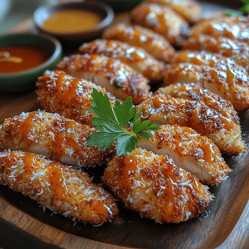 <strong>Introduction</strong>” /></p>
</p>
<h2>Comprehensive Guide to Preparing the Chicken Strips</h2>
</p>
<h3>Importance of Seasoning and Marinating the Chicken</h3>
</p>
<p>To achieve the ultimate flavor in your crispy coconut chicken strips, proper seasoning and marinating are essential. Start by choosing high-quality chicken breast fillets, as they provide a tender and juicy result. The marination process not only enhances the flavor but also helps to tenderize the meat.</p>
</p>
<p>A simple marinade can consist of:</p>
</p>
<p>– <strong>Salt and Pepper</strong>: Basic seasonings that enhance the natural flavor of the chicken.</p>
<p>– <strong>Garlic Powder</strong>: Adds a savory depth.</p>
<p>– <strong>Lime Juice</strong>: Provides acidity that tenderizes the chicken and adds brightness.</p>
<p>– <strong>Coconut Milk</strong>: This will infuse the chicken with a subtle coconut flavor, which complements the breading.</p>
</p>
<p>Marinate the chicken strips for at least 30 minutes; however, if you have time, letting them sit for 2-4 hours in the refrigerator will yield even better results.</p>
</p>
<h3>Setting Up an Efficient Breading Station</h3>
</p>
<p>An organized breading station is crucial for achieving crispy and evenly coated chicken strips. Here’s how to set it up:</p>
</p>
<p>1. <strong>Prepare Three Shallow Dishes</strong>:</p>
<p>– <strong>First Dish</strong>: Place flour mixed with salt and pepper. This will be the first step in the breading process.</p>
<p>– <strong>Second Dish</strong>: Beat a couple of eggs in the second shallow dish. This helps the coconut and breadcrumbs adhere to the chicken.</p>
<p>– <strong>Third Dish</strong>: Combine panko breadcrumbs and shredded coconut in the final dish. For added flavor, consider adding a pinch of salt and some garlic powder here as well.</p>
</p>
<p>2. <strong>Order of Dredging</strong>: When breading your chicken strips, follow this order:</p>
<p>– Coat the chicken strip in the flour first, shaking off any excess.</p>
<p>– Dip it into the beaten egg, ensuring it is fully covered.</p>
<p>– Finally, press it into the coconut and breadcrumb mixture, ensuring an even coating.</p>
</p>
<h3>Step-by-Step Instructions on Dredging and Coating the Chicken Strips</h3>
</p>
<p>1. <strong>Prepare the Chicken</strong>: After marinating, remove the chicken strips from the refrigerator and let them sit at room temperature for about 10 minutes. This helps them cook evenly.</p>
</p>
<p>2. <strong>Dredging Process</strong>:</p>
<p>– Take a marinated chicken strip and dip it into the flour mixture. Make sure to coat it evenly, shaking off excess flour.</p>
<p>– Next, immerse the coated strip into the beaten eggs, allowing any excess to drip back into the bowl.</p>
<p>– Finally, press the chicken into the coconut-breadcrumb mixture, ensuring it’s fully covered. Press down gently to adhere the coating well.</p>
</p>
<p>3. <strong>Chilling the Strips</strong>: Once all your chicken strips are breaded, place them on a baking sheet lined with parchment paper. For the best results, refrigerate the breaded strips for at least 30 minutes before cooking. This chilling step helps the coating adhere better and enhances crispiness during cooking.</p>
</p>
<h2>Cooking Methods: Baking vs. Frying</h2>
</p>
<h3>Detailed Comparison of Baking and Frying Chicken Strips</h3>
</p>
<p>When it comes to cooking your crispy coconut chicken strips, you have two excellent options: baking or frying. Each method has its merits, and the choice ultimately depends on your dietary preferences and cooking style.</p>
</p>
<h4>Baking: A Healthier Option</h4>
</p>
<p>Baking is a healthier alternative that requires less oil, allowing for a lighter dish without sacrificing flavor. Here’s how to achieve crispy results in the oven:</p>
</p>
<p>1. <strong>Preheat the Oven</strong>: Preheat your oven to 425°F (220°C). A high temperature is key to achieving that desired crispiness.</p>
</p>
<p>2. <strong>Prepare the Baking Sheet</strong>: Line a baking sheet with parchment paper or lightly grease it with cooking spray. This will prevent the chicken from sticking.</p>
</p>
<p>3. <strong>Bake</strong>: Place the chilled chicken strips in a single layer on the prepared baking sheet. Bake for 20-25 minutes, flipping halfway through, until they are golden brown and cooked through.</p>
</p>
<p>4. <strong>Broil for Extra Crispiness (Optional)</strong>: If you want an extra crispy finish, switch your oven to broil for the last 2-3 minutes of baking. Keep a close eye to prevent burning.</p>
</p>
<h4>Frying: Tips for Frying Chicken Strips to Perfection</h4>
</p>
<p>If you prefer the traditional route, frying can yield wonderfully crispy chicken strips. Here are key tips for frying:</p>
</p>
<p>1. <strong>Choose the Right Oil</strong>: Use a high smoke point oil, such as vegetable or peanut oil, for frying.</p>
</p>
<p>2. <strong>Heat the Oil</strong>: In a deep skillet or frying pan, heat about 1-2 inches of oil over medium-high heat. Use a thermometer to ensure the oil reaches 350°F (175°C).</p>
</p>
<p>3. <strong>Fry in Batches</strong>: Carefully add the breaded chicken strips to the hot oil, ensuring not to overcrowd the pan. Fry for about 4-5 minutes per side or until golden brown and cooked through.</p>
</p>
<p>4. <strong>Drain Excess Oil</strong>: Once fried, transfer the chicken strips to a plate lined with paper towels to absorb excess oil.</p>
</p>
<h3>Best Results Regardless of Cooking Method</h3>
</p>
<p>No matter which cooking method you choose, the key to achieving mouthwatering crispy coconut chicken strips lies in maintaining consistent heat. Whether baking or frying, ensure the cooking temperature is accurate. Additionally, allowing the chicken to chill before cooking helps the coating adhere better and results in a delightful crunch.</p>
</p>
<h2>Serving Suggestions and Pairings</h2>
</p>
<p>Crispy coconut chicken strips are versatile and can be served in a multitude of ways. Here are some ideas to elevate your dining experience:</p>
</p>
<h3>Recommended Dipping Sauces</h3>
</p>
<p>– <strong>Sweet Chili Sauce</strong>: This sauce offers a perfect balance of sweetness and heat, making it an ideal pairing with coconut flavors.</p>
<p>– <strong>Honey Mustard</strong>: A classic combination that adds a tangy twist to the sweetness of the chicken.</p>
<p>– <strong>Tangy Avocado Dip</strong>: Blend ripe avocados with lime juice, garlic, and a pinch of salt for a creamy and zesty dip that complements the crunch of the chicken.</p>
</p>
<h3>Side Dish Suggestions</h3>
</p>
<p>Pair your crispy coconut chicken strips with delightful side dishes for a complete meal:</p>
</p>
<p>– <strong>Fresh Garden Salad</strong>: A crisp salad with mixed greens, cucumbers, and a light vinaigrette balances the richness of the chicken.</p>
<p>– <strong>Coconut Rice</strong>: Enhance the tropical flavors by serving the chicken strips over coconut rice, which provides a creamy texture and subtle sweetness.</p>
<p>– <strong>Roasted Vegetables</strong>: Seasonal roasted vegetables add color, nutrition, and flavor to your plate.</p>
</p>
<h3>Creative Presentation Ideas</h3>
</p>
<p>For gatherings or parties, consider presenting the chicken strips creatively:</p>
</p>
<p>– <strong>Skewered Appetizers</strong>: Thread the chicken strips onto skewers for easy serving and a fun presentation.</p>
<p>– <strong>Platter Arrangement</strong>: Serve the strips on a rustic wooden board with a variety of dipping sauces in small bowls.</p>
<p>– <strong>Mini Sliders</strong>: Cut the strips into smaller pieces and serve them in slider buns with toppings for a unique twist.</p>
</p>
<h2>Nutritional Information and Serving Size</h2>
</p>
<p>Understanding the nutritional content of your crispy coconut chicken strips can help you maintain a balanced diet. Here’s a brief overview:</p>
</p>
<p>– <strong>Calories</strong>: Approximately 350-400 calories per serving (4 strips).</p>
<p>– <strong>Protein</strong>: Rich in protein, providing about 25 grams per serving.</p>
<p>– <strong>Fat</strong>: Depending on the cooking method, fat content may vary, particularly if frying, so consider portion control.</p>
<p>– <strong>Carbohydrates</strong>: Contains around 30 grams, primarily from the breading.</p>
</p>
<h3>Portion Control and Healthy Eating Tips</h3>
</p>
<p>While crispy coconut chicken strips can be part of a healthy meal, moderation is key. Consider serving a smaller portion alongside a generous serving of vegetables or a salad to create a balanced plate. You can also opt for baking over frying for a lighter alternative while still enjoying the delicious flavors.</p>
</p>
<h2>Conclusion</h2>
</p>
<p>Crispy coconut chicken strips are a delightful fusion of flavors and textures that can elevate any meal. With their crunchy exterior and juicy interior, they are perfect for various occasions, from family dinners to entertaining guests. The versatility of this dish means you can play with seasonings, sauces, and sides to cater to different taste preferences.</p>
</p>
<p>By following the steps outlined in this guide, you can confidently recreate this delicious recipe at home. Whether you choose to bake or fry, the result will be irresistibly crispy chicken strips that are sure to impress. We encourage you to try making this easy yet flavorful dish and enjoy the satisfaction of serving a homemade favorite!</p>
</div>