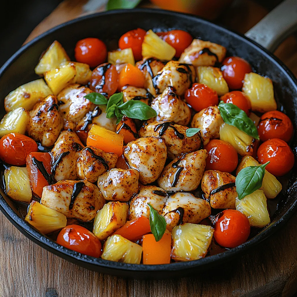 Once your chicken has browned beautifully, it's time to incorporate the vibrant vegetables that will bring this dish to life. Begin by adding the <strong>halved cherry tomatoes</strong>, <strong>pineapple chunks</strong>, <strong>diced bell peppers</strong>, and <strong>red onion</strong> to the skillet. These ingredients not only add a burst of color but also infuse the dish with fresh flavors. Cook the mixture for an additional <strong>5-7 minutes</strong>, allowing the vegetables to soften while retaining a slight crunch. This step is crucial as it ensures the vegetables complement the tender chicken without losing their vibrant textures.” /></p>
</p>
<h2>Completing the Cooking Process</h2>
</p>
<p>Once your chicken has browned beautifully, it’s time to incorporate the vibrant vegetables that will bring this dish to life. Begin by adding the <strong>halved cherry tomatoes</strong>, <strong>pineapple chunks</strong>, <strong>diced bell peppers</strong>, and <strong>red onion</strong> to the skillet. These ingredients not only add a burst of color but also infuse the dish with fresh flavors. Cook the mixture for an additional <strong>5-7 minutes</strong>, allowing the vegetables to soften while retaining a slight crunch. This step is crucial as it ensures the vegetables complement the tender chicken without losing their vibrant textures.</p>
</p>
<h3>Adding Herbs for Flavor</h3>
</p>
<p>To elevate the flavor profile, stir in <strong>dried oregano</strong> and <strong>fresh basil</strong>. These herbs are not just aromatic; they add depth and complexity to the dish. Allow the mixture to meld for an additional <strong>2-3 minutes</strong>, ensuring that every bite is infused with the aromatic essence of the herbs. The combination of oregano’s earthy notes and basil’s sweet fragrance creates a delightful harmony that will tantalize your taste buds.</p>
</p>
<h3>Melting the Cheese</h3>
</p>
<p>Next, lower the heat and sprinkle a generous amount of <strong>mozzarella cheese</strong> over the top of the skillet. Covering the skillet at this stage is essential; it traps the heat and steam, allowing the cheese to melt into a gooey, bubbly layer. This melty goodness not only enhances the texture but also ties all the ingredients together, creating a cohesive and comforting meal. Keep an eye on it, as this process typically takes about <strong>3-5 minutes</strong>.</p>
</p>
<h3>Finishing Touches</h3>
</p>
<p>As the cheese begins to melt, it’s time to add the final touches. Drizzle the dish with <strong>balsamic glaze</strong> for a hint of sweetness and acidity that balances the richness of the cheese and chicken. For an extra pop of color and flavor, consider garnishing with additional <strong>fresh basil leaves</strong>. This not only makes for an appealing presentation but also invites your guests to dive into this beautiful skillet dish. Now, your Fruity Fiesta Chicken Skillet is ready to serve directly from the skillet, a true feast for the eyes and the palate.</p>
</p>
<h2>Nutritional Benefits of Fruity Fiesta Chicken Skillet</h2>
</p>
<p>Understanding the health benefits of the ingredients in your Fruity Fiesta Chicken Skillet can enhance your appreciation of this delicious meal. Here’s a closer look at the nutritional perks:</p>
</p>
<h3>Lean Protein from Chicken</h3>
</p>
<p>Chicken breasts are a fantastic source of lean protein, essential for muscle repair and growth. They provide the body with the necessary building blocks for tissue maintenance and recovery, making this dish not only delicious but also beneficial for those looking to maintain a healthy lifestyle.</p>
</p>
<h3>Rich in Vitamins and Antioxidants</h3>
</p>
<p>The colorful assortment of vegetables in this recipe – from bell peppers to cherry tomatoes – not only enhances the dish’s appearance but also delivers a wealth of vitamins, minerals, and antioxidants. These nutrients are critical for boosting the immune system, promoting skin health, and reducing the risk of chronic diseases. The vibrant hues of the vegetables indicate a rich supply of phytonutrients, which contribute to overall health and wellness.</p>
</p>
<h3>Healthy Fats from Olive Oil</h3>
</p>
<p>Using <strong>olive oil</strong> in this recipe not only adds flavor but also provides healthy fats that are known for their anti-inflammatory properties. Olive oil is rich in monounsaturated fats, which can help reduce bad cholesterol levels, thereby lowering the risk of heart disease. It’s a heart-healthy choice that complements the other nutritious ingredients in this dish.</p>
</p>
<h3>Natural Sweetness from Pineapple</h3>
</p>
<p>Last but not least, the addition of <strong>pineapple</strong> brings a natural sweetness that balances the savory elements of the chicken and vegetables. Pineapple is not only delicious but also contains <strong>bromelain</strong>, an enzyme that can aid in digestion. This tropical fruit enhances the overall flavor profile while contributing to the dish’s health benefits.</p>
</p>
<h2>Serving Suggestions for Fruity Fiesta Chicken Skillet</h2>
</p>
<p>To inspire creativity and personalization of your Fruity Fiesta Chicken Skillet, here are some delightful serving suggestions:</p>
</p>
<h3>Pairing with Grains</h3>
</p>
<p>Consider serving the skillet dish over a bed of <strong>quinoa</strong> or <strong>brown rice</strong>. These whole grains not only enhance the nutritional value of your meal but also create a filling and satisfying experience. Quinoa, in particular, is a complete protein source and adds a nutty flavor that complements the dish beautifully. Brown rice, on the other hand, provides a wholesome, hearty base that absorbs the flavors of the chicken and vegetables.</p>
</p>
<h3>Perfect for Meal Prep</h3>
</p>
<p>One of the best aspects of the Fruity Fiesta Chicken Skillet is its suitability for meal prep. This dish can be made ahead of time and stored in the refrigerator for quick reheating throughout the week. Simply portion it out into meal prep containers, and you’ll have a nutritious and delicious meal ready to go whenever you need it. This makes it an ideal option for busy individuals looking to maintain healthy eating habits without the hassle of daily cooking.</p>
</p>
<h3>Accompaniments</h3>
</p>
<p>To round out the meal, consider serving the Fruity Fiesta Chicken Skillet with a <strong>fresh side salad</strong> or some <strong>crusty bread</strong>. A light salad made with mixed greens, cucumbers, and a tangy vinaigrette can provide a refreshing contrast to the warm, savory skillet. Alternatively, crusty bread can be used to scoop up the skillet mixture, adding a delightful texture to each bite while making the meal more filling.</p>
</p>
<h2>Conclusion</h2>
</p>
<p>The Fruity Fiesta Chicken Skillet is more than just a meal; it is a celebration of flavors and colors that can brighten any dinner table. With a quick preparation time and the ability to nourish and satisfy, this recipe stands out as a fantastic option for busy weeknights and festive gatherings alike. By embracing fresh ingredients and harmonious flavors, this dish invites everyone to experience a delightful culinary fiesta.</p>
</p>
<p>Whether you choose to serve it over grains, prepare it in advance for meal prep, or pair it with a fresh salad, the Fruity Fiesta Chicken Skillet is sure to please. Not only is it a feast for the senses, but it also offers numerous health benefits, making it a wholesome choice for you and your family. So gather your ingredients and get ready to indulge in a meal that’s as good for the body as it is for the soul. Enjoy your cooking adventure!</p>
</div>
