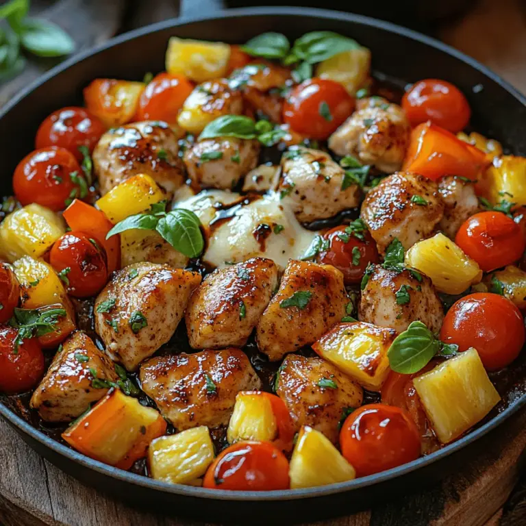 Once your chicken has browned beautifully, it's time to incorporate the vibrant vegetables that will bring this dish to life. Begin by adding the halved cherry tomatoes, pineapple chunks, diced bell peppers, and red onion to the skillet. These ingredients not only add a burst of color but also infuse the dish with fresh flavors. Cook the mixture for an additional 5-7 minutes, allowing the vegetables to soften while retaining a slight crunch. This step is crucial as it ensures the vegetables complement the tender chicken without losing their vibrant textures.