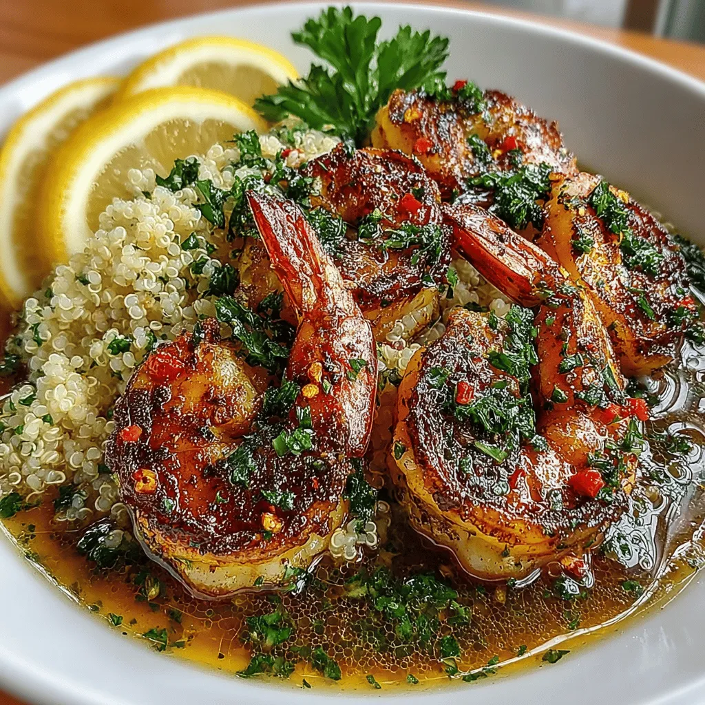 - 1 pound large shrimp, peeled and deveined - 1 cup quinoa - 2 cups vegetable broth or water - 4 cloves garlic, minced - 1 teaspoon red pepper flakes (adjust to taste) - Juice and zest of 1 lemon - 2 tablespoons olive oil - Salt and pepper to taste - Fresh parsley, chopped (for garnish)
