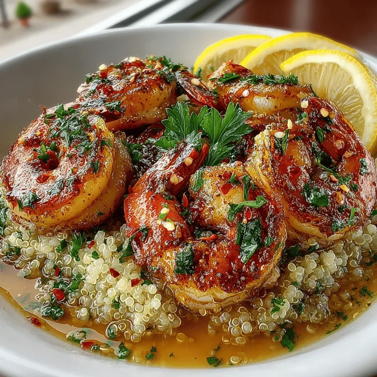 - 1 pound large shrimp, peeled and deveined - 1 cup quinoa - 2 cups vegetable broth or water - 4 cloves garlic, minced - 1 teaspoon red pepper flakes (adjust to taste) - Juice and zest of 1 lemon - 2 tablespoons olive oil - Salt and pepper to taste - Fresh parsley, chopped (for garnish)