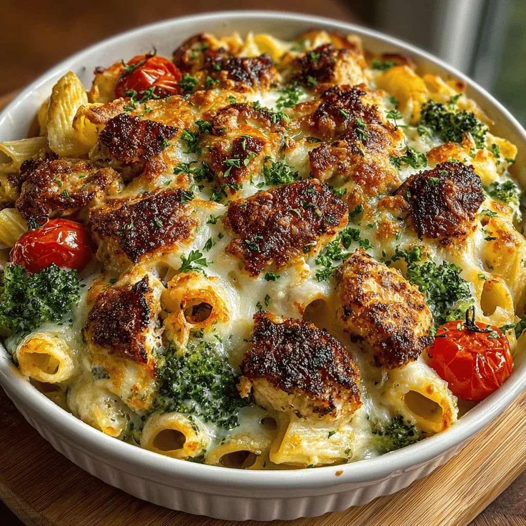 - 2 cups uncooked pasta (penne or rotini recommended) - 1 pound boneless, skinless chicken breast, diced - 2 cups fresh broccoli florets - 1 cup cherry tomatoes, halved - 1 cup mozzarella cheese, shredded - 1/2 cup Parmesan cheese, grated - 2 cups heavy cream - 1 tablespoon olive oil - 2 cloves garlic, minced - 1 teaspoon Italian seasoning - Salt and pepper, to taste