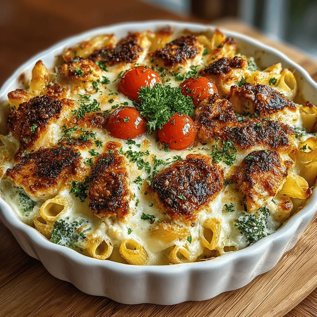 - 2 cups uncooked pasta (penne or rotini recommended) - 1 pound boneless, skinless chicken breast, diced - 2 cups fresh broccoli florets - 1 cup cherry tomatoes, halved - 1 cup mozzarella cheese, shredded - 1/2 cup Parmesan cheese, grated - 2 cups heavy cream - 1 tablespoon olive oil - 2 cloves garlic, minced - 1 teaspoon Italian seasoning - Salt and pepper, to taste
