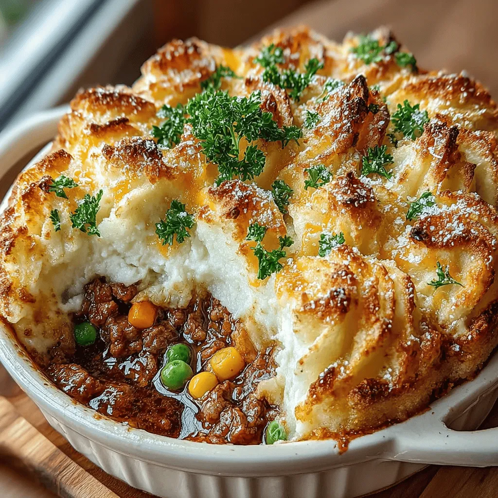 - 1 lb ground beef - 1 cup carrots, diced - 1 cup peas - 1 cup corn - 1 onion, finely chopped - 2 cloves garlic, minced - 4 cups mashed potatoes (prepared) - 1/4 cup Worcestershire sauce - 1 tsp dried thyme - 1 tsp dried rosemary - Salt and pepper to taste - 2 tbsp olive oil - 1/4 cup beef broth (optional)