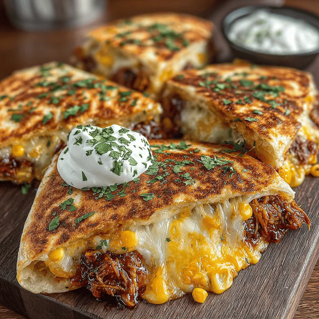 - 2 cups cooked rotisserie chicken, shredded - 1/2 cup barbecue sauce (your choice of flavor) - 1 cup shredded cheddar cheese - 1 cup shredded mozzarella cheese - 4 large flour tortillas (look for gluten-free or whole wheat if preferred) - 1/2 cup corn (canned or frozen) - 1/4 cup red onion, finely chopped (optional) - 1/4 cup fresh cilantro, chopped (optional) - Cooking oil (for greasing the pan)