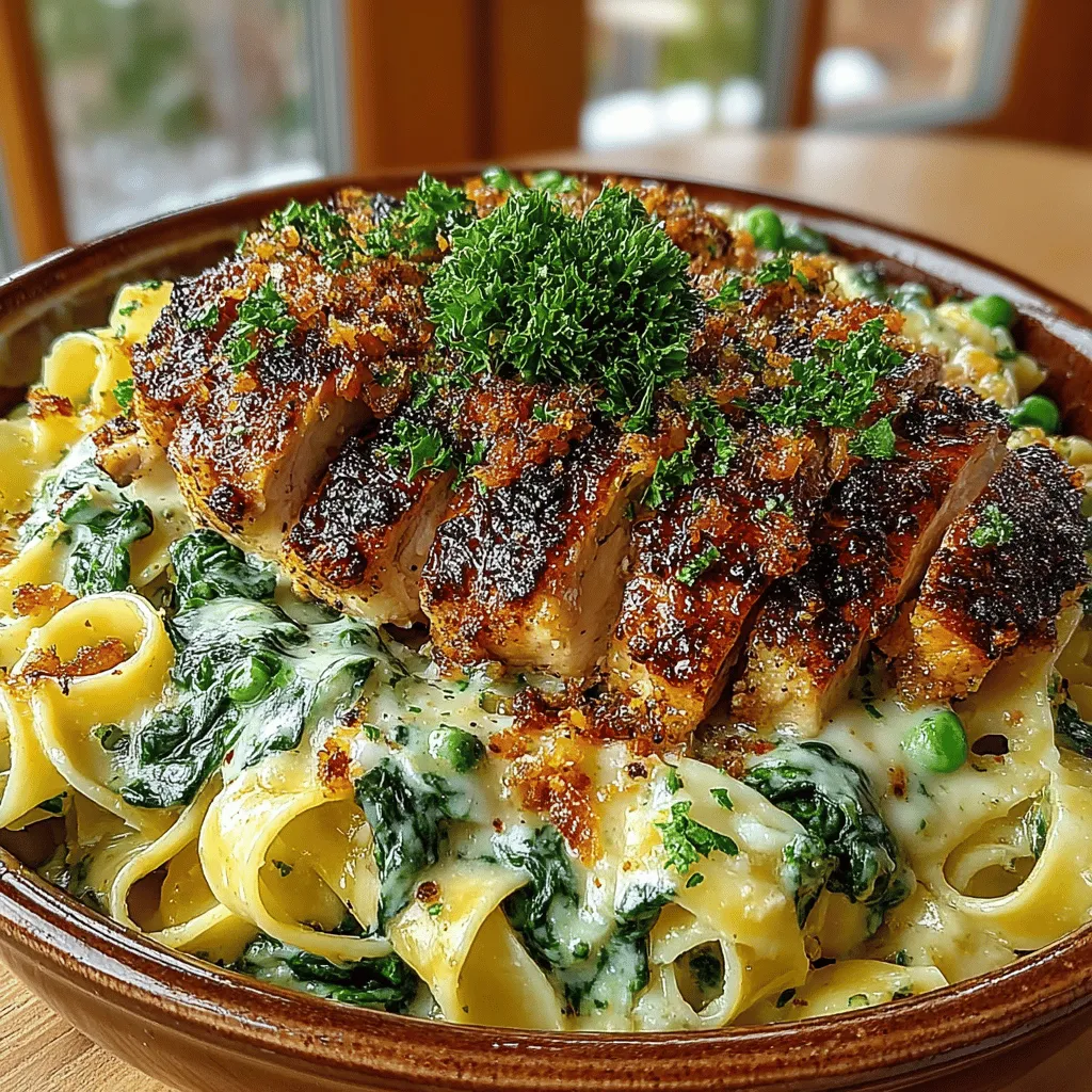 - 2 boneless, skinless chicken breasts - 8 ounces fettuccine pasta - 2 cups fresh spinach, chopped - 1 cup frozen peas - 1 cup heavy cream - 1 cup grated Parmesan cheese - 2 tablespoons olive oil - 2 cloves garlic, minced - 1 teaspoon Italian seasoning - Salt and pepper to taste