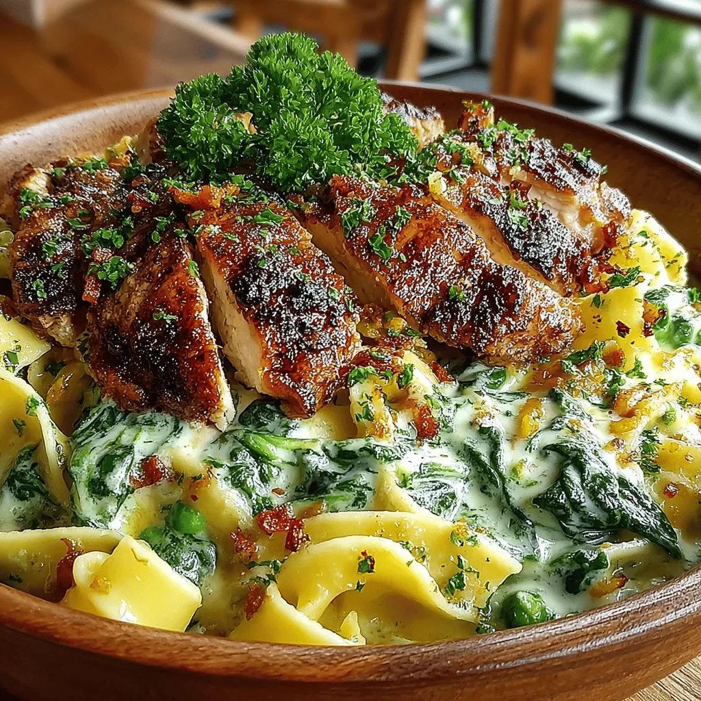 - 2 boneless, skinless chicken breasts - 8 ounces fettuccine pasta - 2 cups fresh spinach, chopped - 1 cup frozen peas - 1 cup heavy cream - 1 cup grated Parmesan cheese - 2 tablespoons olive oil - 2 cloves garlic, minced - 1 teaspoon Italian seasoning - Salt and pepper to taste