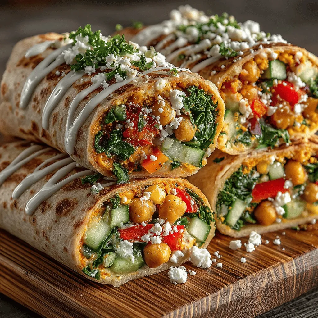 - 1 can (15 oz) chickpeas, drained and rinsed - 2 cups fresh spinach, chopped - 1 red bell pepper, diced - 1/2 red onion, finely chopped - 1 cucumber, diced - 1/2 cup feta cheese, crumbled - 1/4 cup tahini - 1 tablespoon olive oil - 1 tablespoon lemon juice - Salt and pepper to taste - 4 large whole wheat wraps or tortillas
