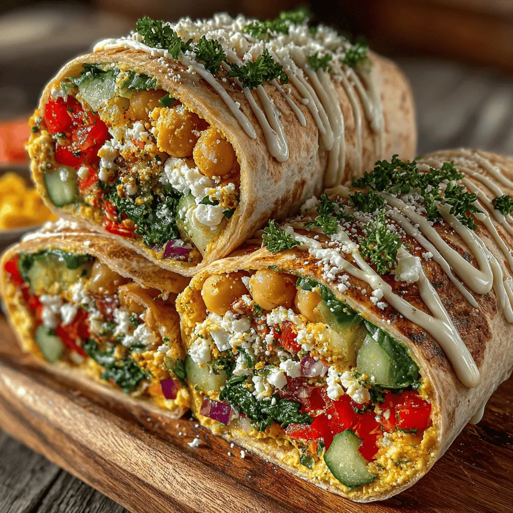 - 1 can (15 oz) chickpeas, drained and rinsed - 2 cups fresh spinach, chopped - 1 red bell pepper, diced - 1/2 red onion, finely chopped - 1 cucumber, diced - 1/2 cup feta cheese, crumbled - 1/4 cup tahini - 1 tablespoon olive oil - 1 tablespoon lemon juice - Salt and pepper to taste - 4 large whole wheat wraps or tortillas