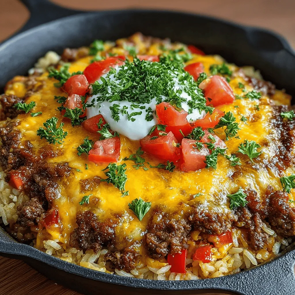 The One-Pan Cheesy Beef and Rice Skillet is a delicious and convenient meal option perfect for busy weeknights. This recipe combines savory ground beef, aromatic vegetables, and melty cheese, all cooked together in a single skillet, making cleanup a breeze. Its comforting nature and versatility allow for customization with different ingredients, catering to your family's tastes and dietary preferences.