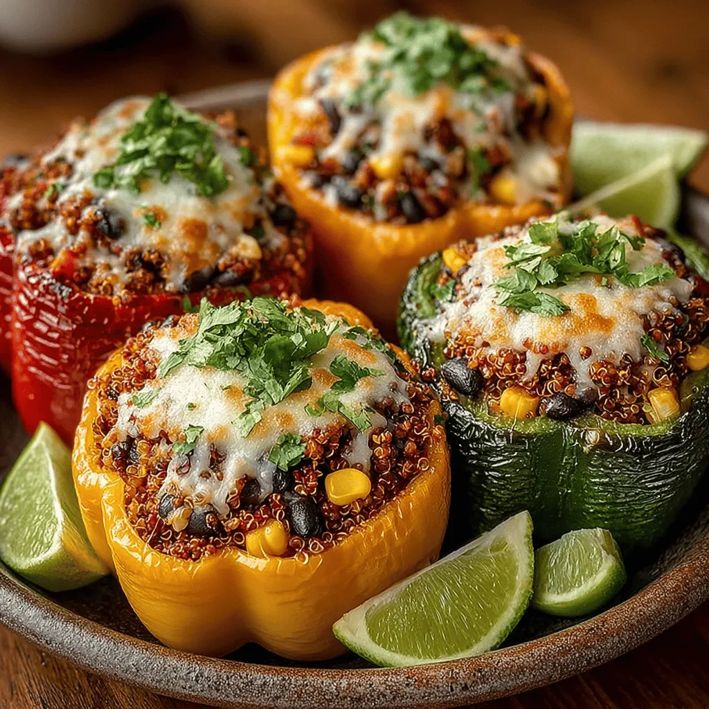 - 4 large bell peppers (any color) - 1 cup quinoa, rinsed - 2 cups vegetable broth or water - 1 can (15 oz) black beans, drained and rinsed - 1 medium zucchini, diced - 1 medium carrot, grated - 1 small onion, chopped - 2 cloves garlic, minced - 1 teaspoon cumin - 1 teaspoon paprika - Salt and pepper to taste - 1 cup corn (fresh, frozen, or canned) - 1 cup shredded cheese (optional, use a dairy-free option for vegan) - Fresh cilantro or parsley for garnish (optional)