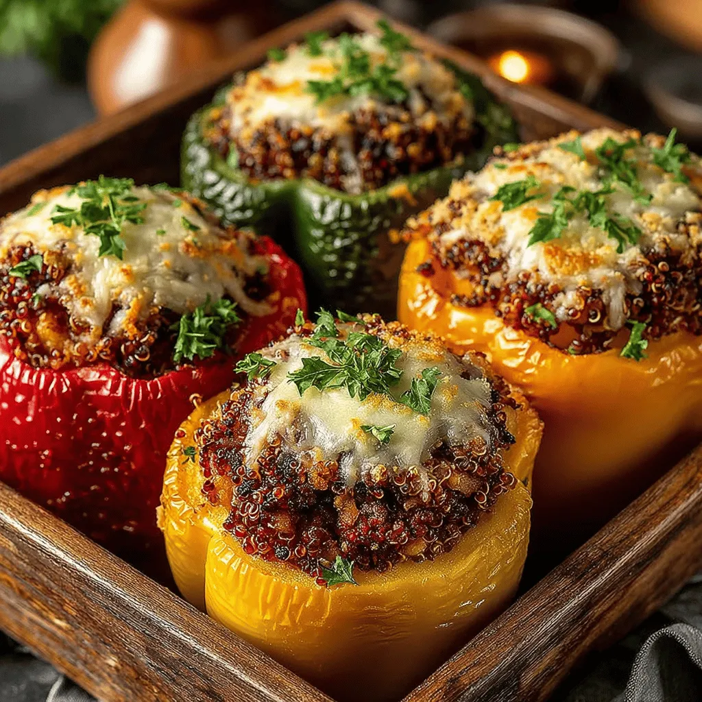 - 4 large bell peppers (any color) - 1 pound ground turkey - 1 cup cooked quinoa (or rice) - 1 cup diced tomatoes (canned or fresh) - 1 small onion, diced - 2 cloves garlic, minced - 1 teaspoon Italian seasoning - 1 teaspoon paprika - Salt and pepper to taste - 1 cup shredded cheese (optional, for topping) - Fresh parsley for garnish (optional)